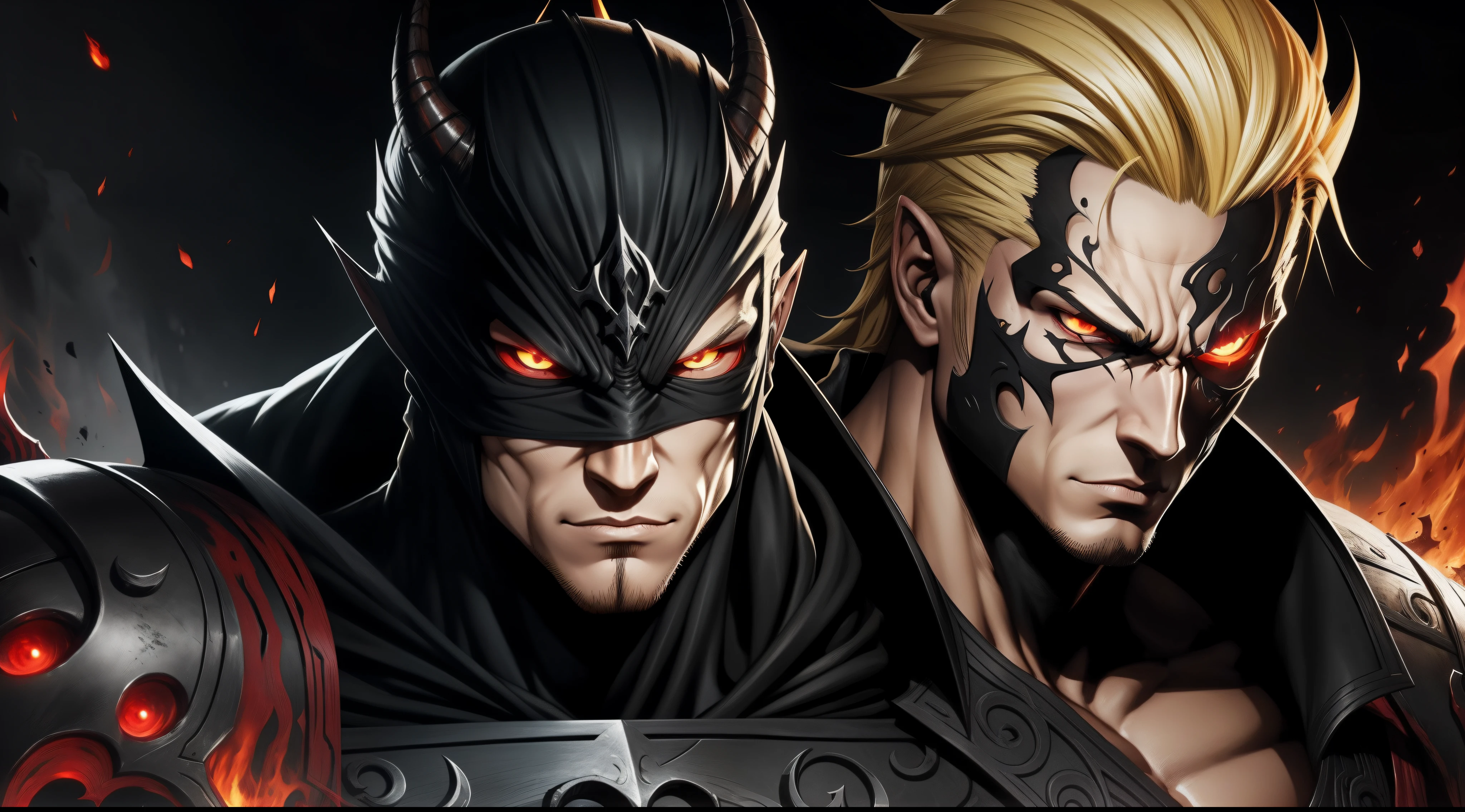 Zoro handsome face blond hair, black fire reflective body, red eyes, alduin, darksiders style, darksiders art style, crazy guts, red sharp eyes, black ancalagon.
