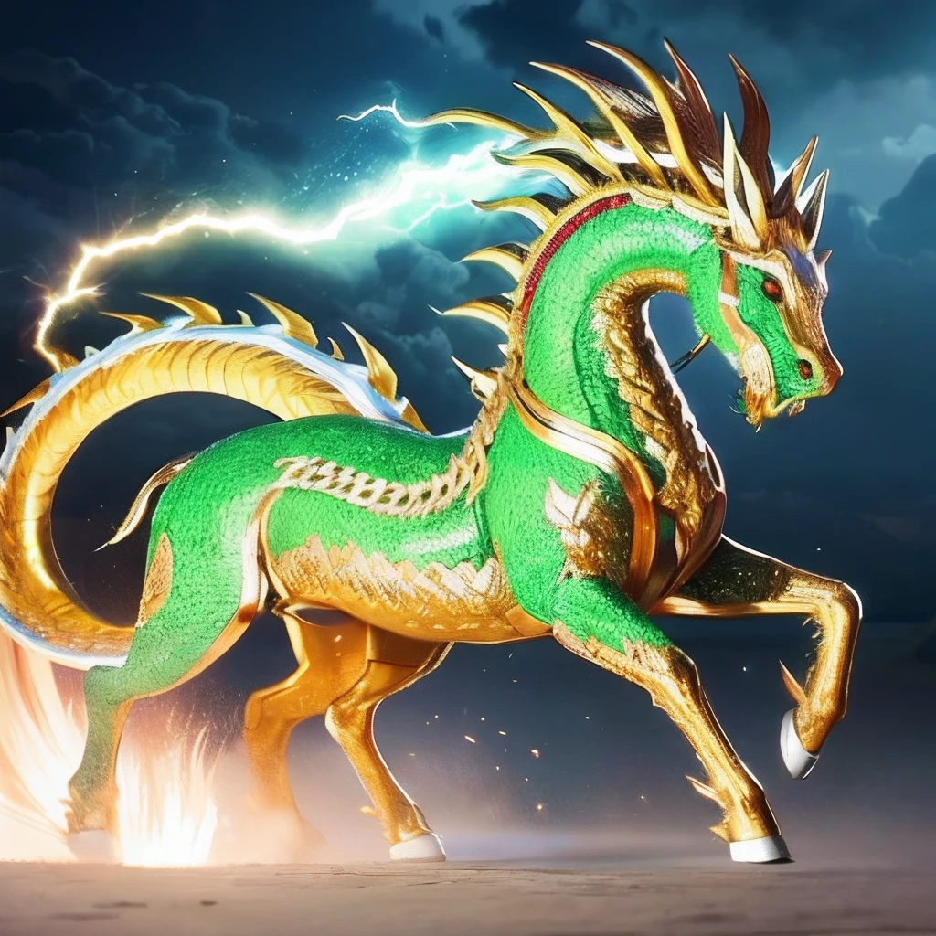 Raw Photo,Highest Quality,Detailed:1.5,32K,(Real, photo-realistic:1.4),realisitic、A legendary creature of a mixture of Chinese dragons and horses、The head is a Chinese dragon、Gold and green、Glittering and elegant、Gentle background dressed in lightning and clouds,