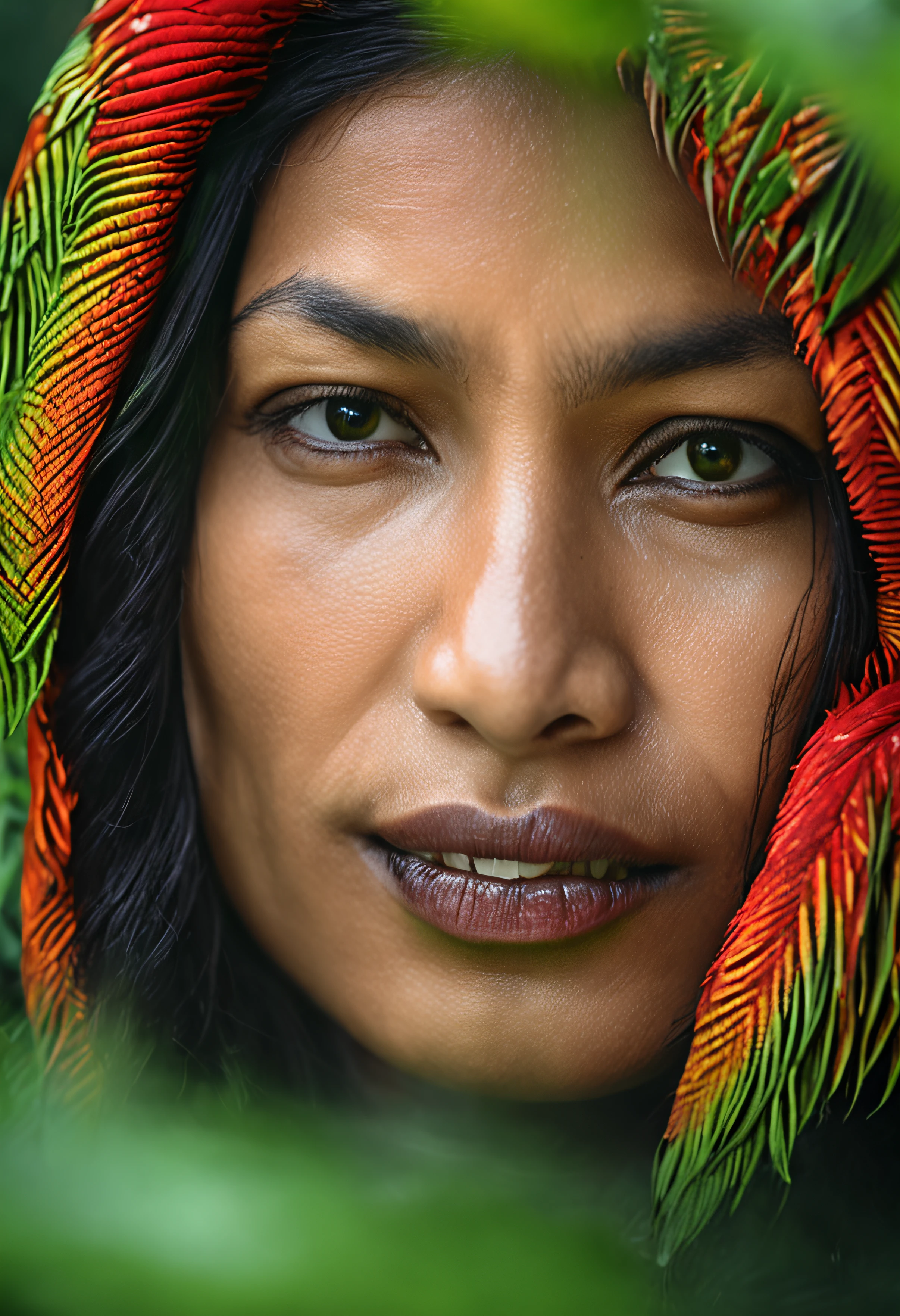 High nation-geographic symmetrical close-up portrait shoot in green jungle of an expressive RED JUNGLEFOWL , anamorphic lens, ultra-realistic, hyper-detailed, green-core, jungle-core –ar 16:9 –q 2 –v 5