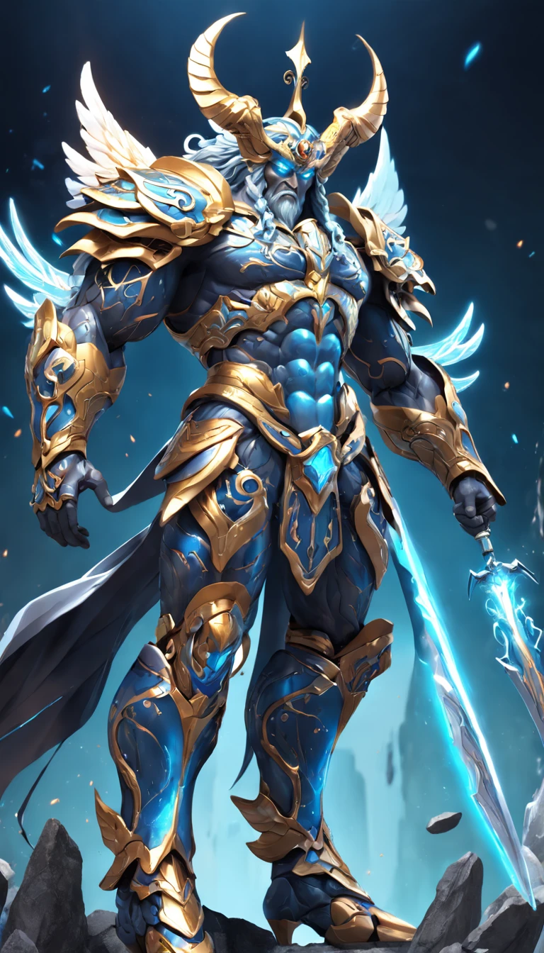 "3D humanoid Zeus Gemini warrior with intricate armor and powerful stance."