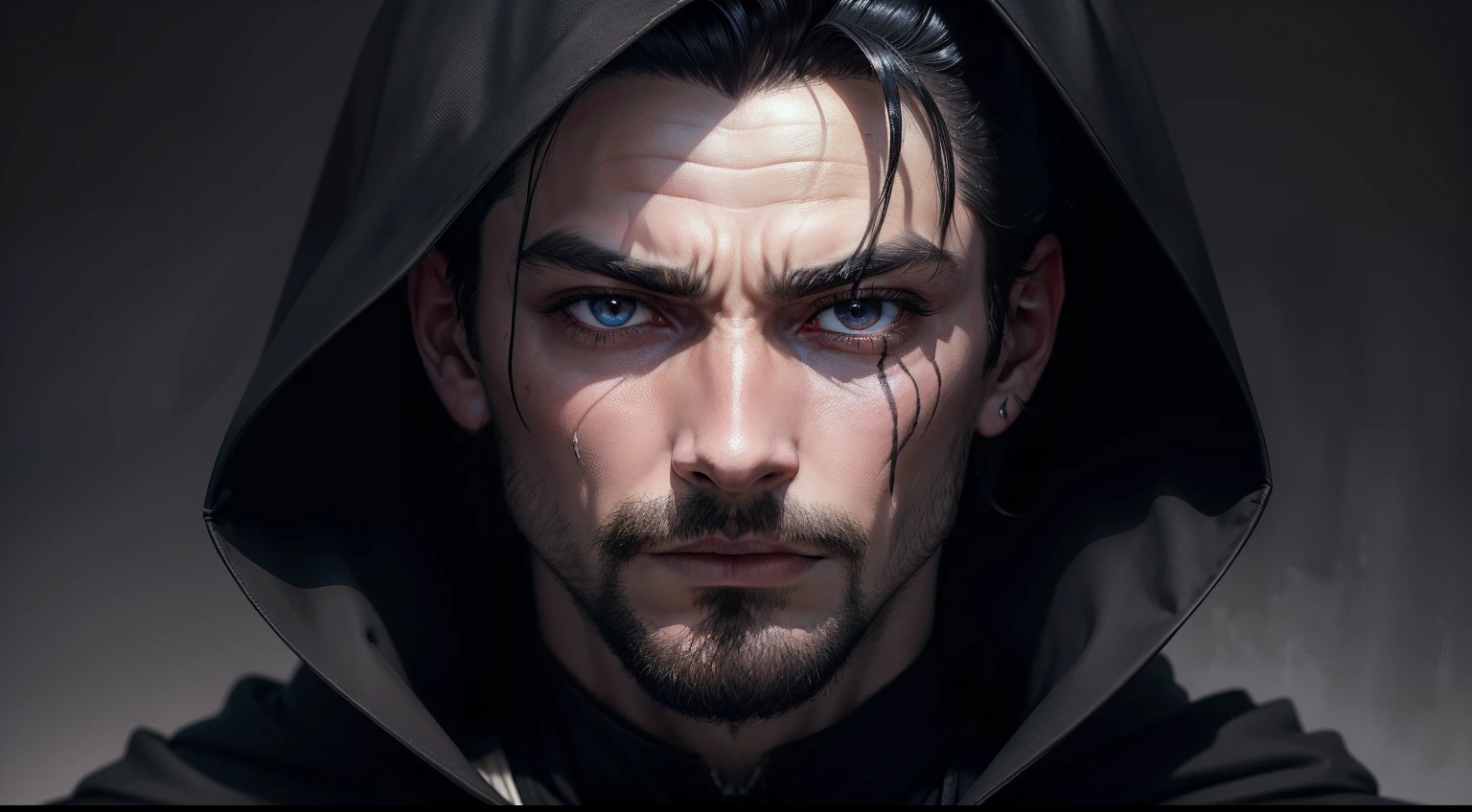 Close-up portrait of a mysterious man wearing a black hood with velvet trim. He has piercing, shaded black eyes, with a vertical scar going down over his right eye. face, partially obscured by the hood's shadow, with dramatic light illuminating his nose and mouth. He has a 3-day stubble with black hair and gray hairs. A lock of black hair falls over his face. He wears a serious and intense expression. The focus is sharp on the character's eyes. This portrait has a dark and mysterious atmosphere.