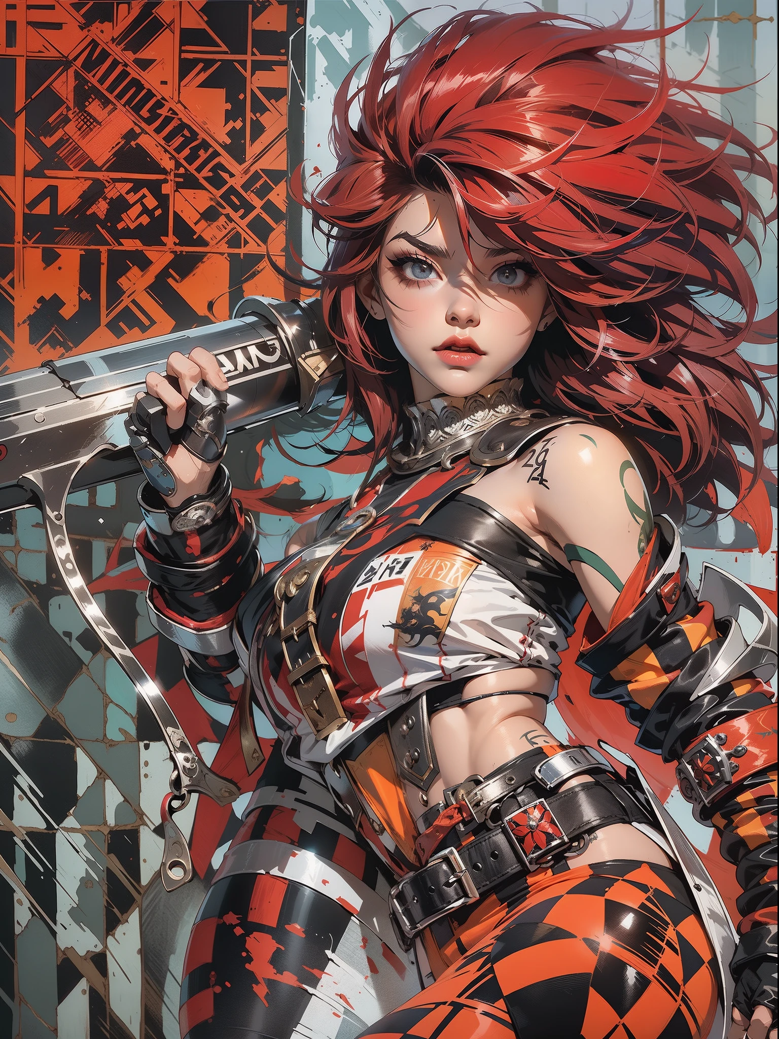 (((mulher))), ((( cabelos curtos ))), (((melhor qualidade))), (((obra prima))), (((adulta))), Uma guerreira mulher fitness de 35 anos com corpo perfeito e cabelos curtos, Brooklyn Gladiators, (( short hair style )), quase nua no estilo selvagem urbano de Simon Bisley para a capa da revista Heavy Metal, cabelo da (Ryuko Matoi), Minimum clothing, red and white checkered pattern, armadura, cheio de pontas e rebites, tatuagem tribal, (((do joelho pra cima))), cabelo preto curto com mechas vermelhas, Ryuko Matoi