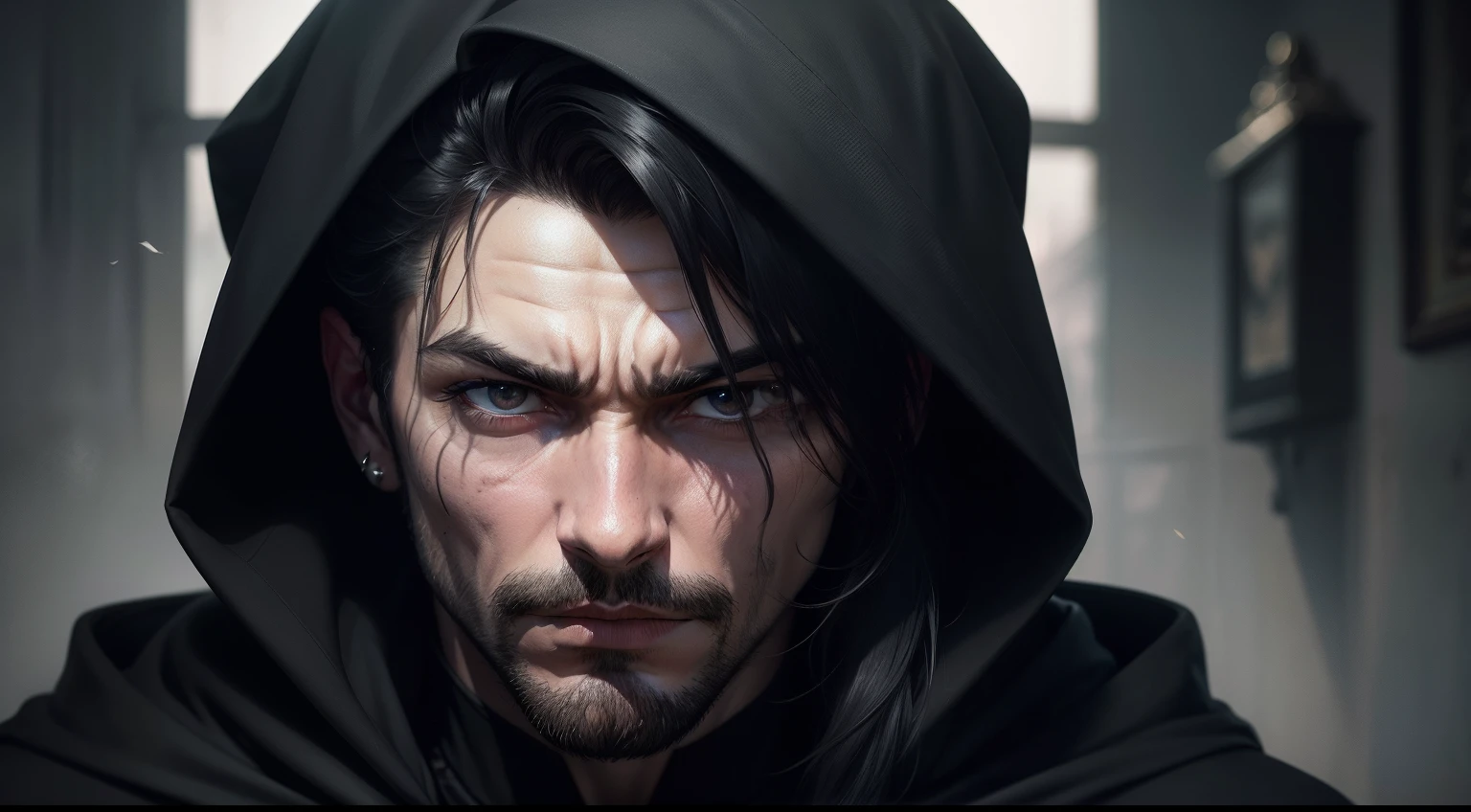 Close-up portrait of a mysterious man wearing a black hood with velvet trim. He has piercing, shaded black eyes, with a vertical scar going down over his right eye. face, partially obscured by the hood's shadow, with dramatic light illuminating his nose and mouth. He has a 3-day stubble with black hair and gray hairs. A lock of black hair falls over his face. He wears a serious and intense expression. The focus is sharp on the character's eyes. This portrait has a dark and mysterious atmosphere.