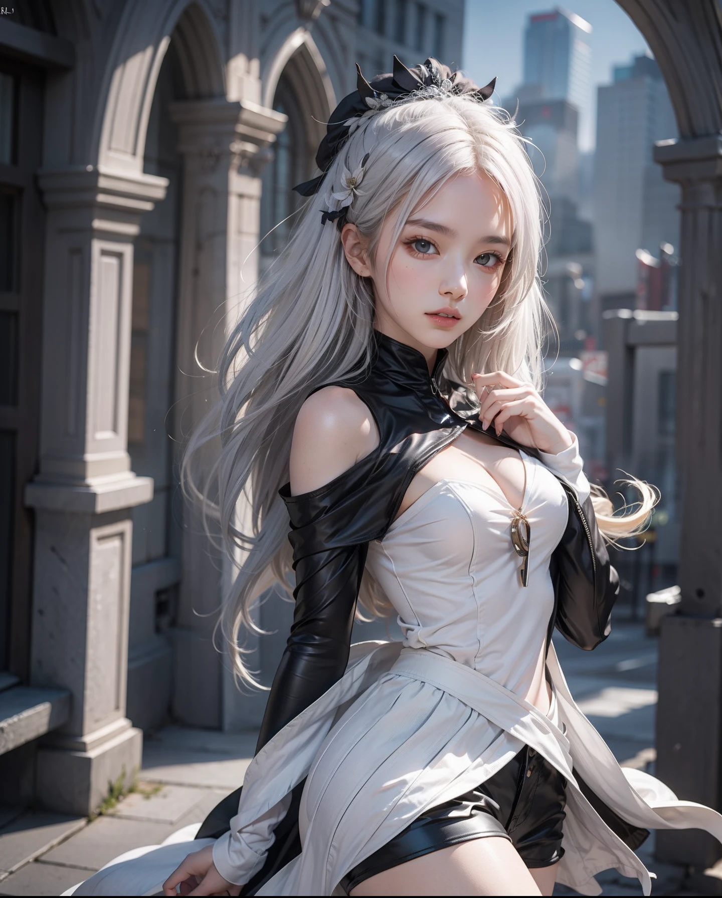Close-up of woman with white hair and white mask、beautiful character painting、guweiz、Artwork in the style of Gwise、white haired god、Jan J、epic exquisite character art、Stunning character art、Fanchy、Uzunsifan、Guweiz on the Pixiv art station,Faces of reality,Real people,Photo quality,Real person footage captured on camera,Shooting from the waist up,Live-action feeling,Quite light clothing,see-through underware,Beautiful clear eyes,Beautiful sparkling eyes,being thin,strong-willed gaze,A living angel who descends to earth and blends into ordinary life while hiding his true identity in the human world.,