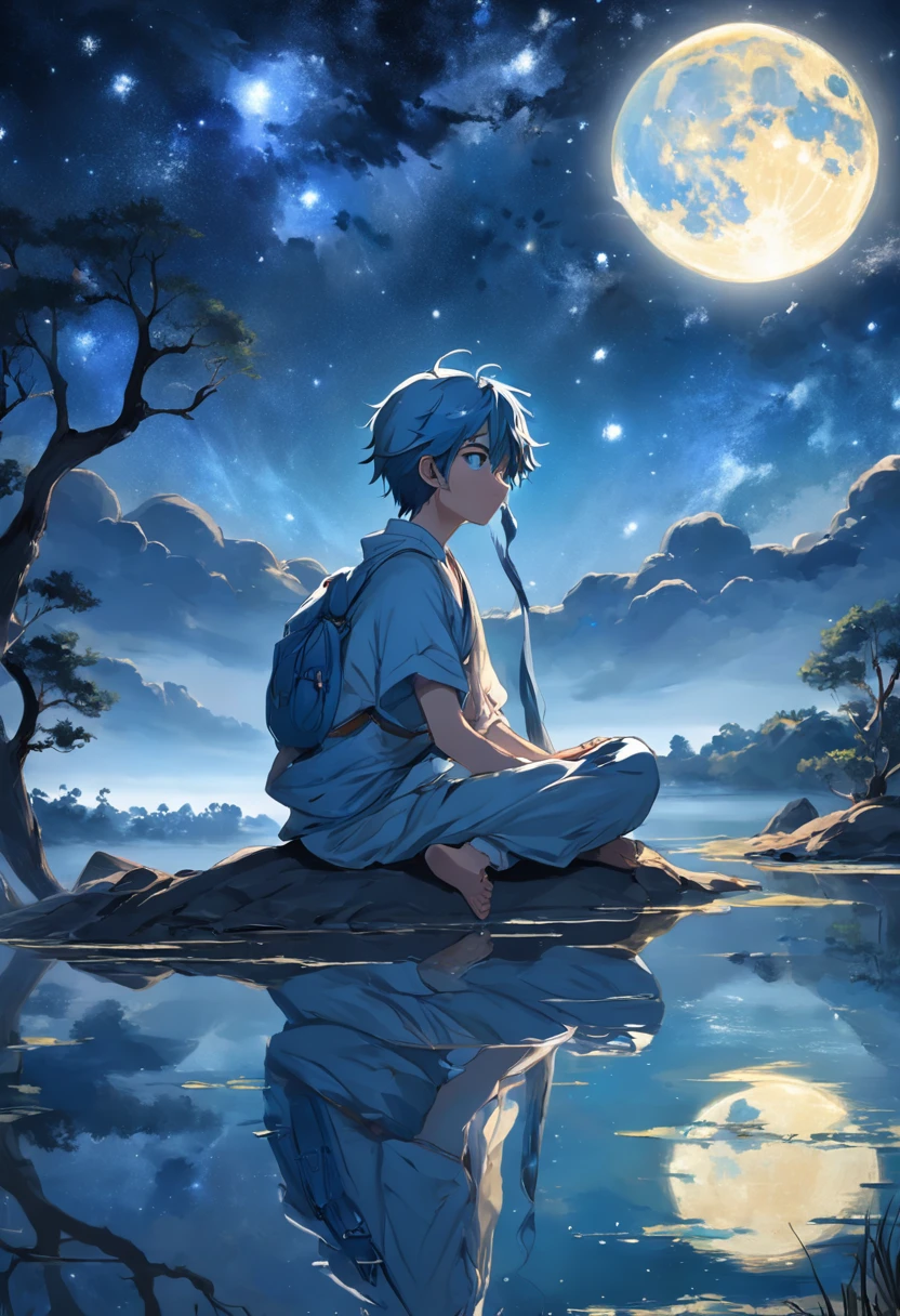 Un retrato pintado digitalmente de una persona con los ojos cerrados, Cabeza inclinada hacia una luna llena brillante. La luz de la luna proyecta un tranquilo tono azul sobre el rostro sereno de la persona., highlighting his expression of inner stillness and Zen. Las estrellas brillan suavemente en el cielo nocturno de fondo. El paisaje alrededor es tranquilo, with a lake reflecting moonlight near where the person sits peacefully in a lotus pose. Sus manos descansan sobre sus rodillas, Face that portrays a deep sense of meditation and calm. The overall mood of the picture is relaxing, luminoso y centrado, Al igual que la paz interior que el sujeto siente en su interior irradia hacia afuera bajo la luz meditativa de la luna.. Style is atmospheric, Elegante y relajante.CREA UNA IMAGEN REALISTA DE UN HOMBRE LOBO O LOBIZON