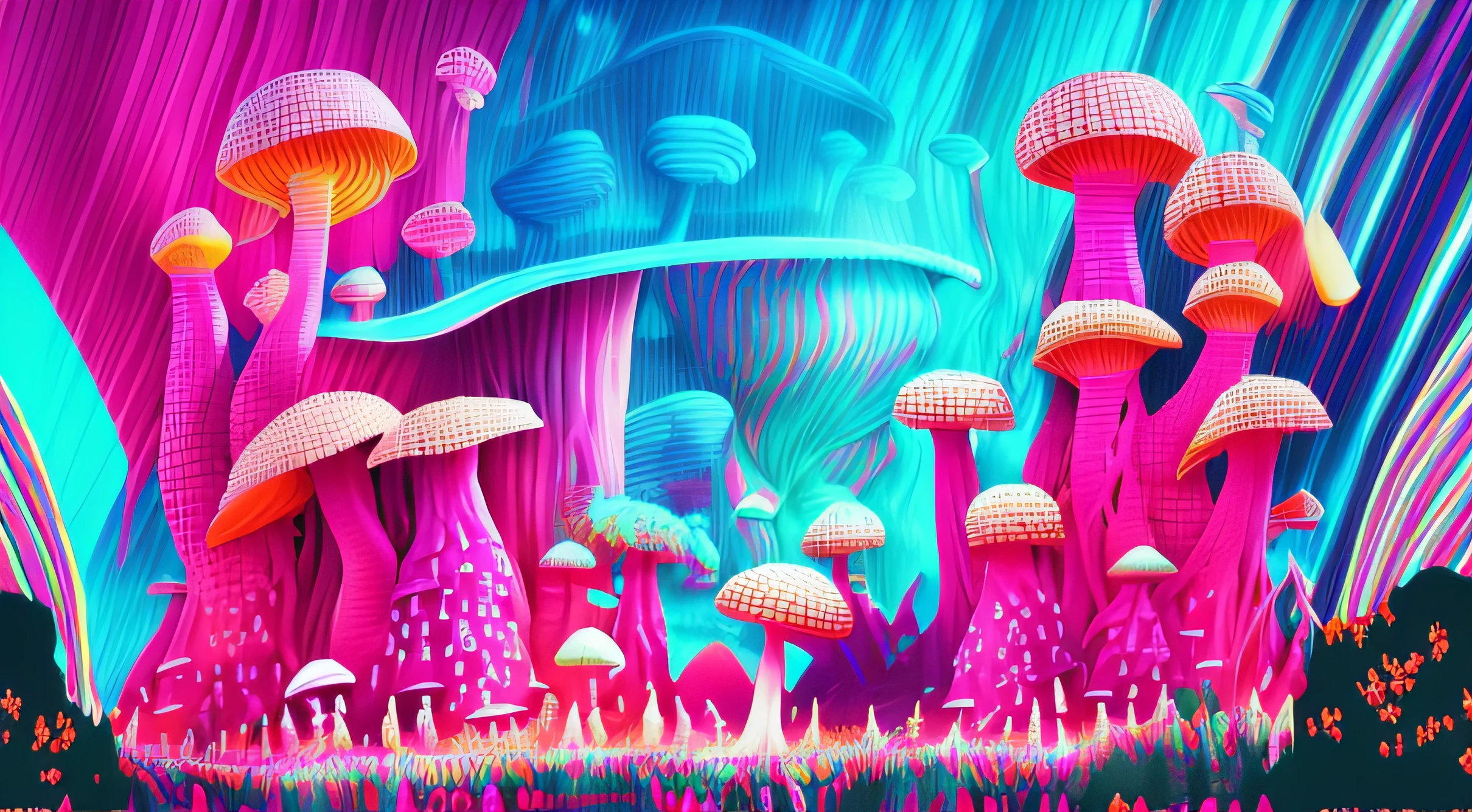 brightly colored mushrooms and water in a fantasy world, psychedelic mushrooms dream, neon mushrooms, psychedelic mushrooms, trippy art, cyber mushroom city, trippy mushroom, mushroom city, magic mushroom, shrooms, psychedelic illustration, magic mushrooms, fluorescent mushrooms, jen bartel, psychedelic art style, mushroom forest, trippy vibrant colors, 8k high quality detailed art, psychedelic aesthetic --auto