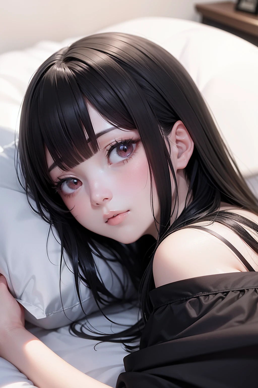 Photo Real、photoRealstic、独奏、full screen、full screen face、View from the side　A dark-haired、Blunt bangs　drooing eyes、Black eyes　Faces close、Face Close-up、to close range、Look here、Sleep on your side　PILLOWS