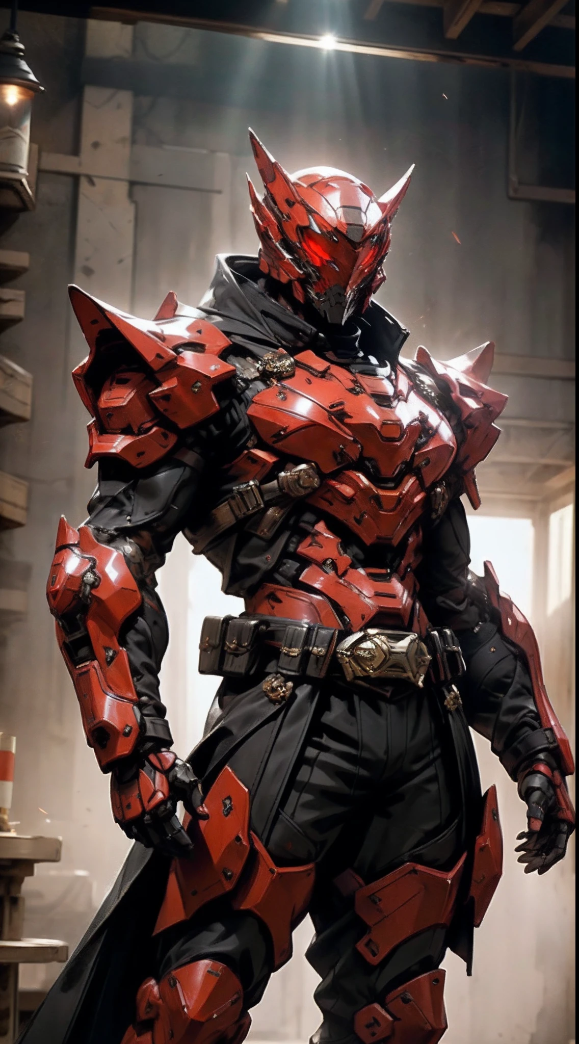 A man wearing a full-face helmet that covers most of his face, adorned in a biomimetic fantasy-style armor, the predominant black color is accented with red textures in the design this character embodies a finely crafted fantasy-style armored warrior design in anime, ((character concept art)), high definition, best quality, ultra-detailed, extremely delicate, anatomically correct, symmetrical face, extremely detailed eyes and face, high quality eyes, creativity, RAW photo, UHD, 16k, (Natural light, cinematic lighting, masterpiece:1.5)