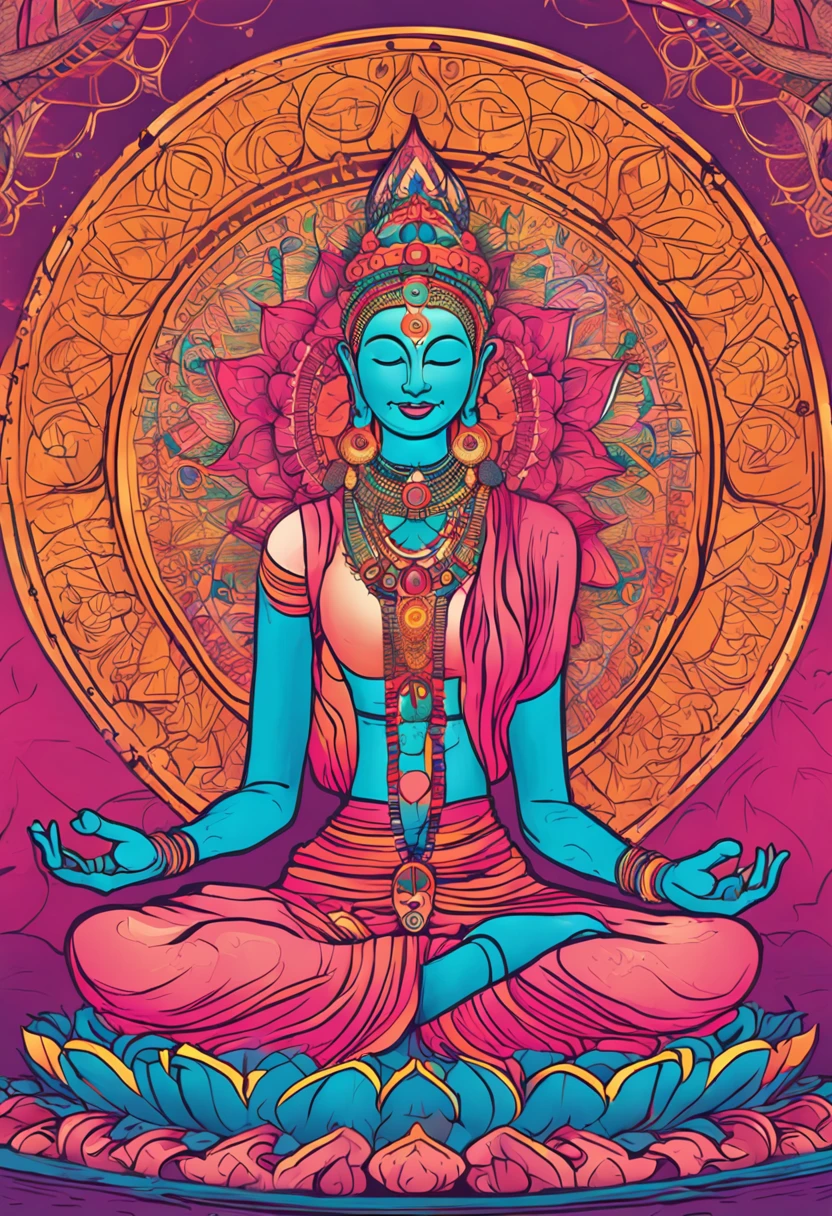 top-quality、Big buddha、16kqulity、Sitting in a meditative position、Maitreya Bodhisattva、Deities、All-knowing and all-powerful、8kqulity、4kqulity、 Textured skin、Bodhisattvas、Colorful geometric and spiral patterns、Covers the entire work。Bright neon colors enhance the vividness、The lines and shapes of the light dancing in the work、Adds to the psychedelic atmosphere。