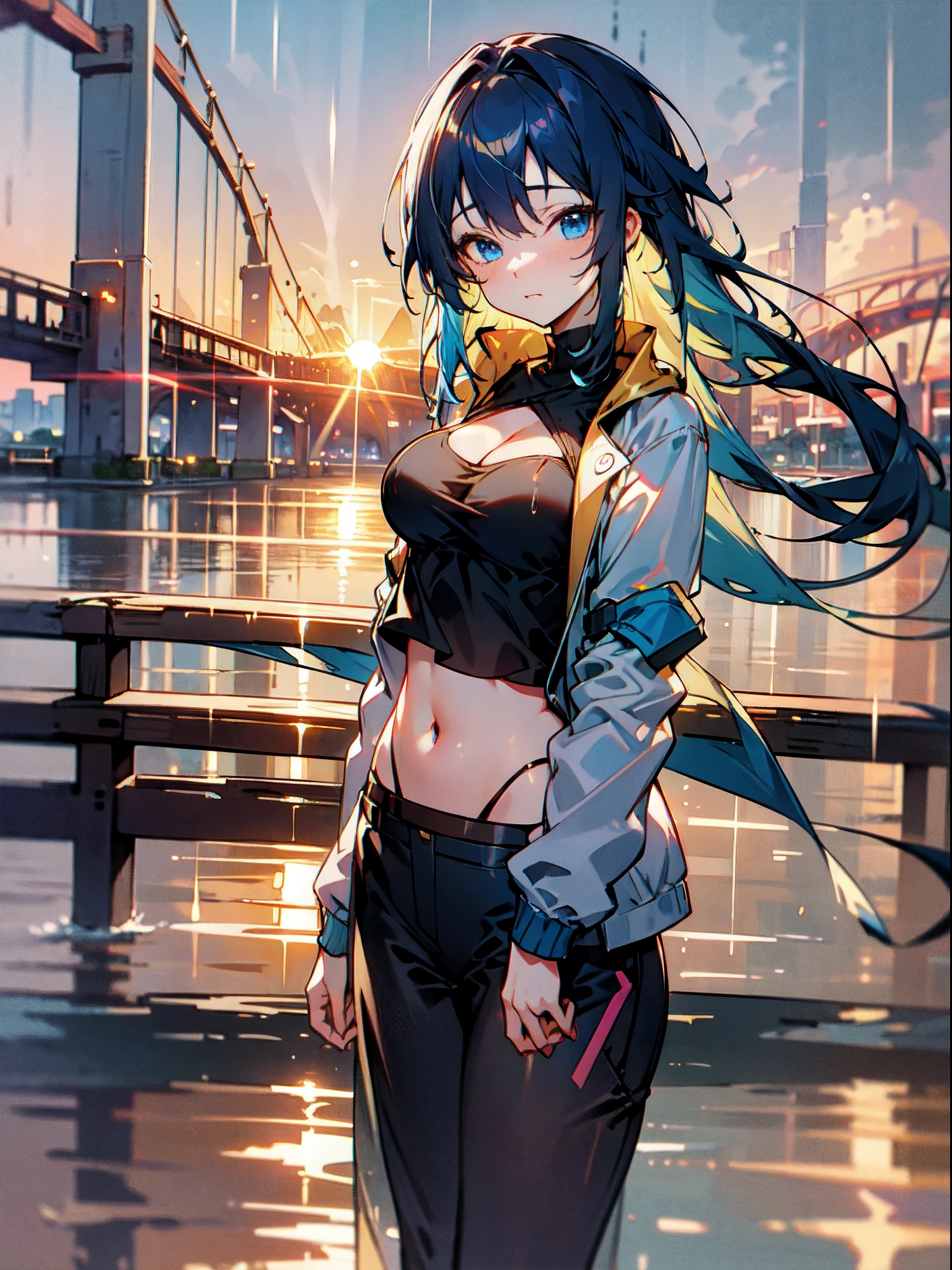 beautiful, midriff, white jacket, see through, blue long hair, blue eyes, navel, cleavage, medium breast, (masterpiece:1.3), (vibrant:1.2), high quality, high resolution, (background: golden hour, sunset, rainy, bridge, river), ray tracing, global illumination