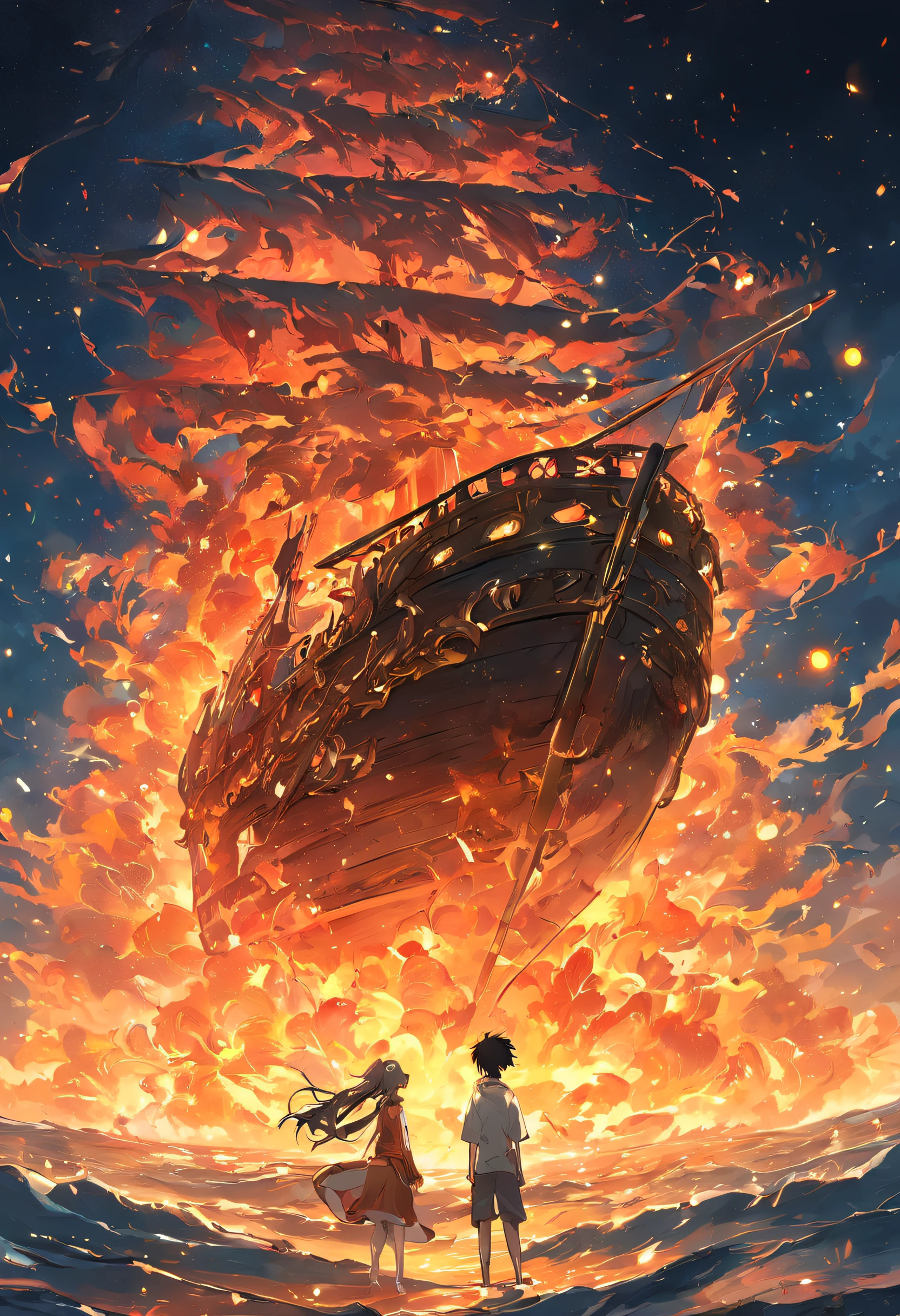 extremely detailed 8k wallpaper,(highly detailed:1.1), ((masterpiece:1.1)),[anime:Impasto:0.5], intricate , fantasy,(1ship),(ocean:1.2),[golden boat:golden boat with (green fire:1.2):0.1], clear sky ,wind ,beautiful sky,(nightsky),(galaxy), (huge blood moon in the background:1.05)