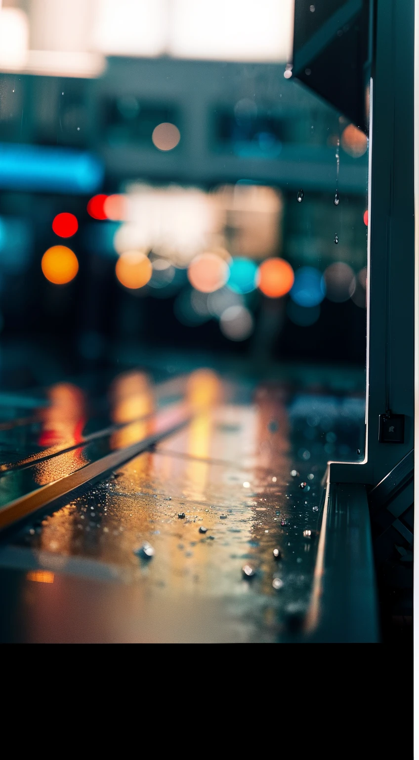 Shot through the glass，It was raining outside，The road where cars come and go，There are water droplets on the glass，crystal-clear，Soft light，Real and，Shoot with a Canon camera，A picture
