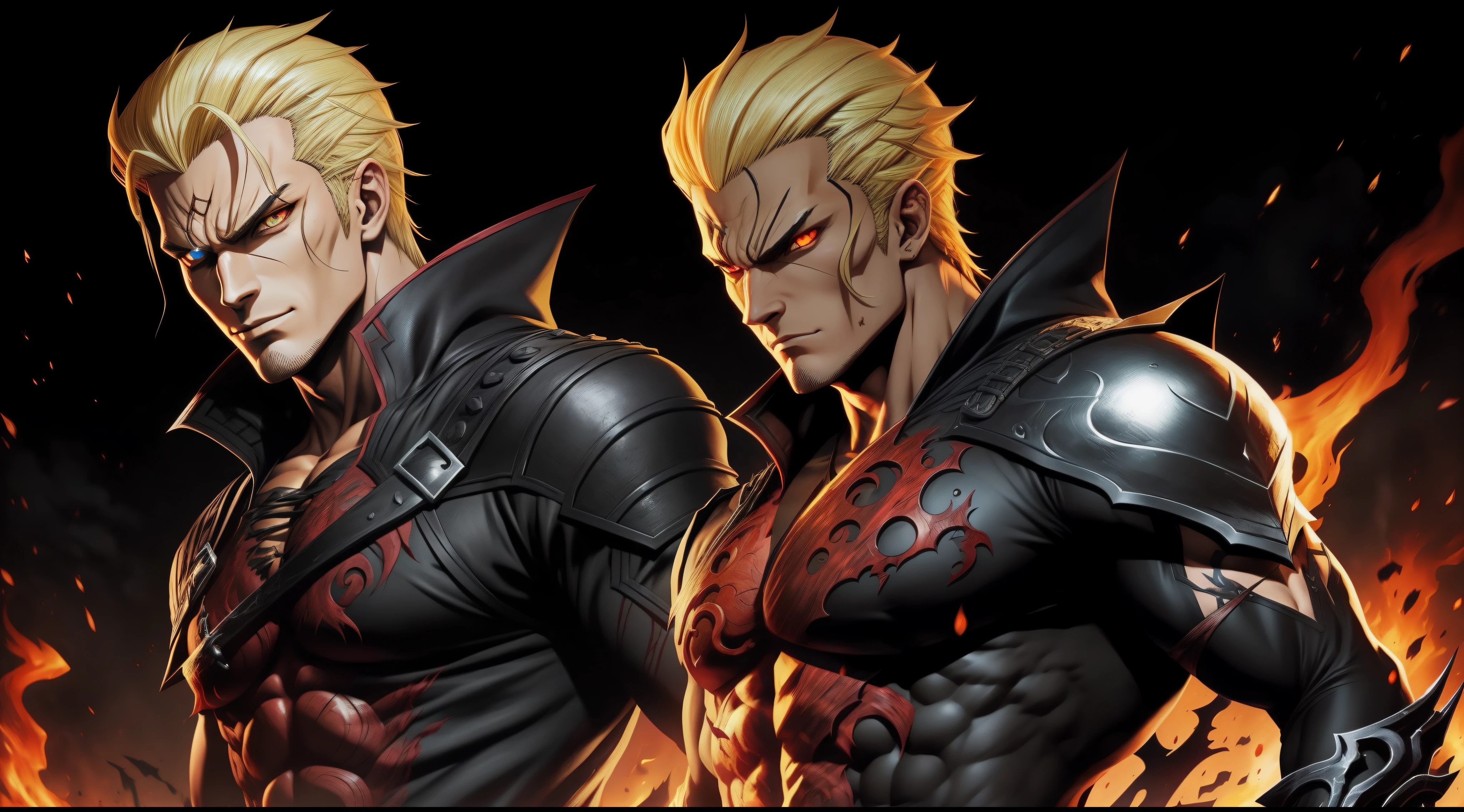 Zoro handsome face blond hair, black fire reflective body, red eyes, alduin, darksiders style, darksiders art style, crazy guts, red sharp eyes, black ancalagon.