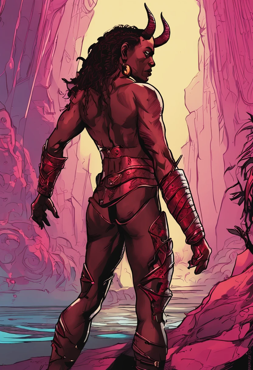 tiefling d&d, cabelo preto, red skin and horns back, bruxo