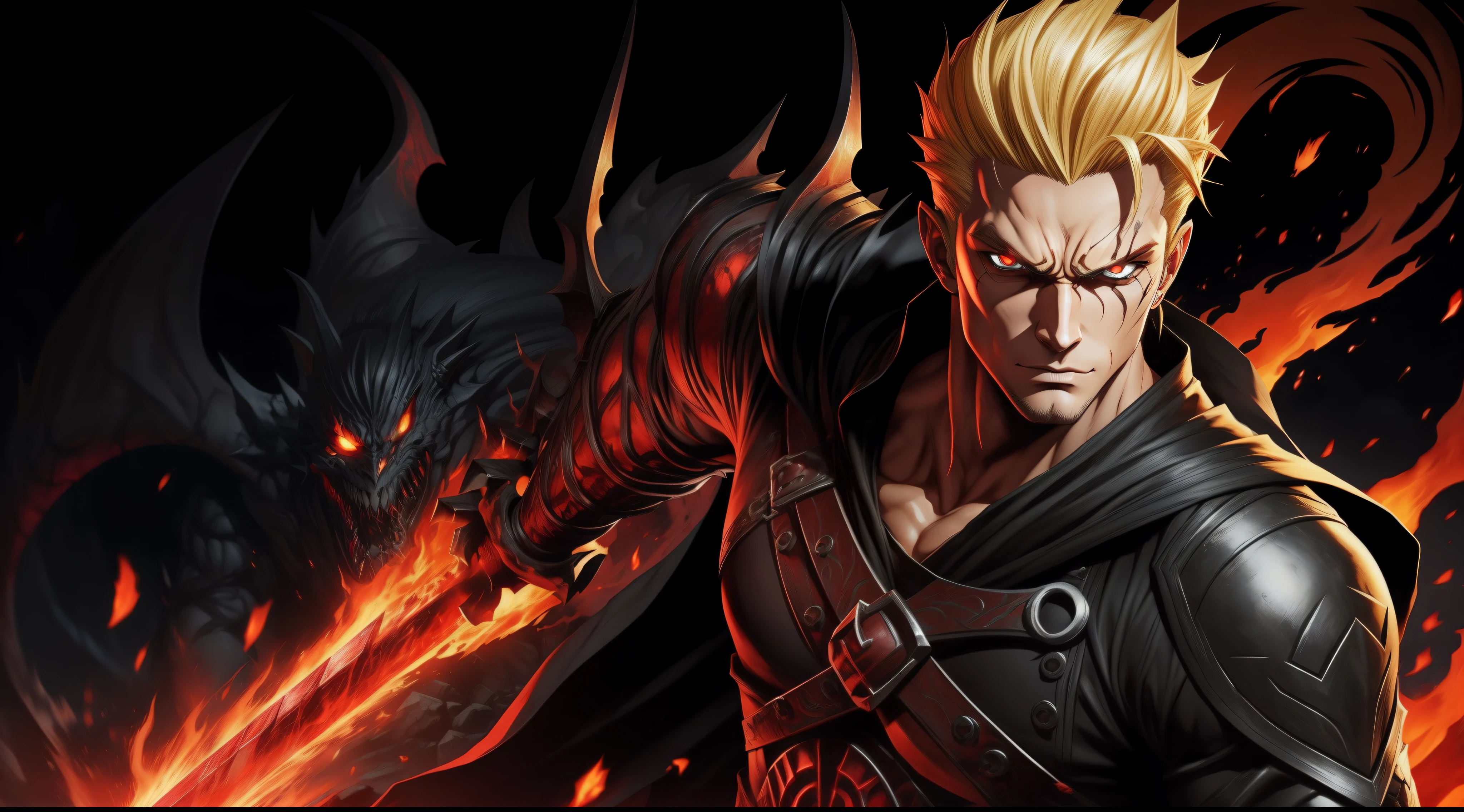 Zoro handsome face blond hair, black fire reflective body, red eyes, solo, alduin, darksiders style, darksiders art style, crazy guts, red sharp eyes, black ancalagon.