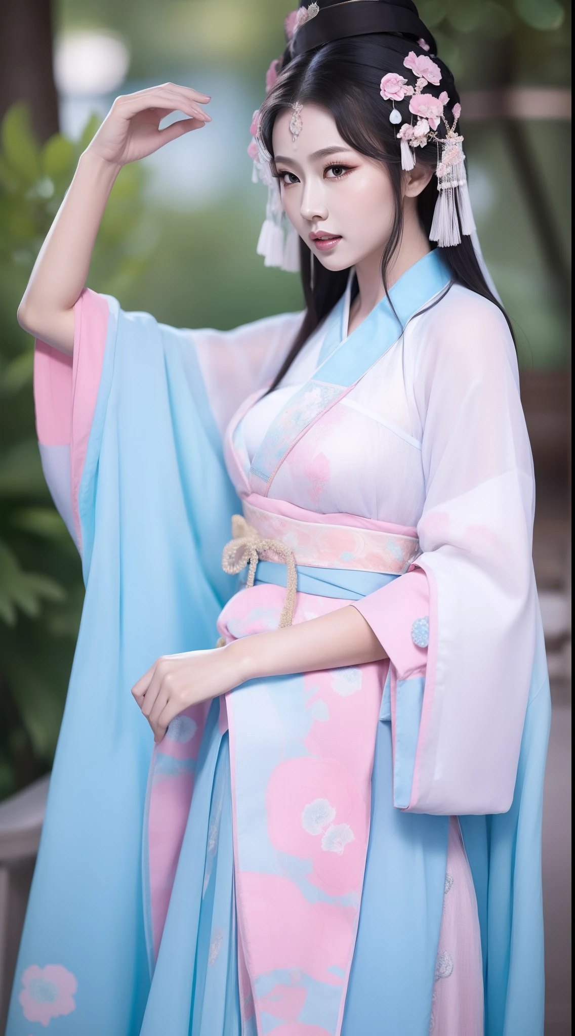 Ancient Chinese clothing，white apparel，The costume is a pink floral pattern，ancient china art style，Fashion model 18 years old [[[[closeup cleavage]]]], [[[[boobgasm]]]], [[[[coll]]]], [[[[bshoulders]]]], perfect  eyes, Perfect iris，Perfect lips，perfect teeth，Perfect skin，with fair skin，Soft front light，hdr，Movie girl，long whitr hair，The expression was melancholy，The background is outdoors，Light blue flowers，4K Ultra HD, 超高分辨率, (Photorealistic: 1.4), Best quality，Masterpiece，Utra dilution，（pastel colour：1.2）