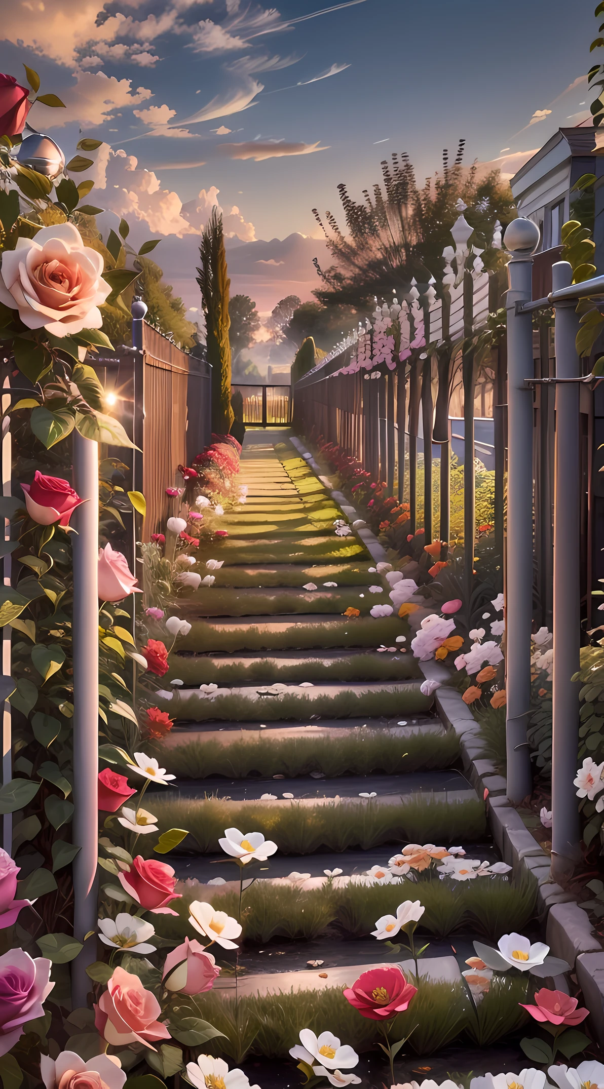 The sky is a magnificent sunset, In front is a row of white fences, The fence is covered with delicate roses,The colors are colorful, The whole picture is romantic,Realistic,High detail, hentail realism, color difference, lightand shade contrast, tmasterpiece, anatomy correct, super detailing, high detal, high qulity, Award-Awarded, Best quality at best, A high resolution,Only the view