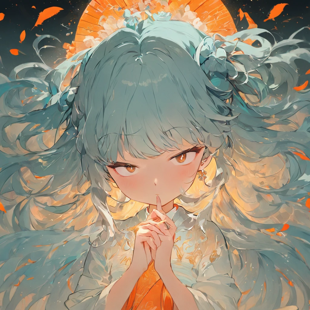(Cyan background:1.4),(Silhouette of a girl's head, closing her eyes, long white hair, orangeskirt,Oriental elements),(Chinese illustration:1.3,paper art:1.3, Art on upholstered paper:1.2),( reasonable design, 清晰的线条, High- sharpness,Best quality, Very detailed, Master parts, movie light effect, 4K )