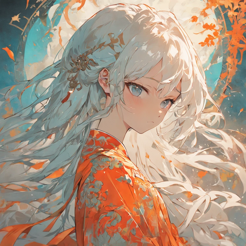 (Cyan background:1.4),(Silhouette of a girl's head, closing her eyes, long  white hair, orangeskirt，Oriental elements)，(Chinese illustration:1.3，paper art:1.3, Art on upholstered paper:1.2),( reasonable design, 清晰的线条, High- sharpness,Best quality, Very detailed, Master parts, movie light effect, 4K )