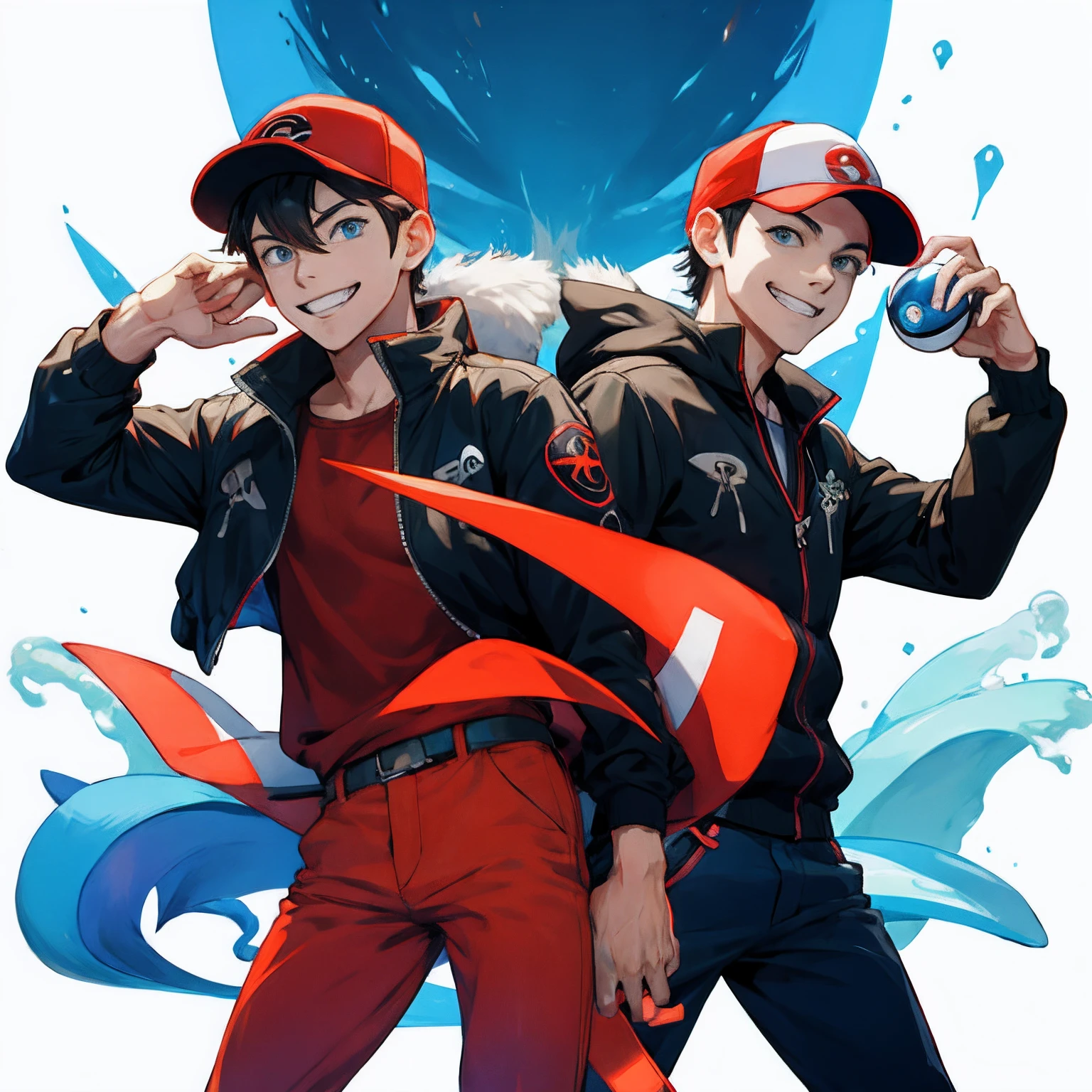 Pokemon Trainer, jall of judgement backround, male, confident grin, holding pokeball