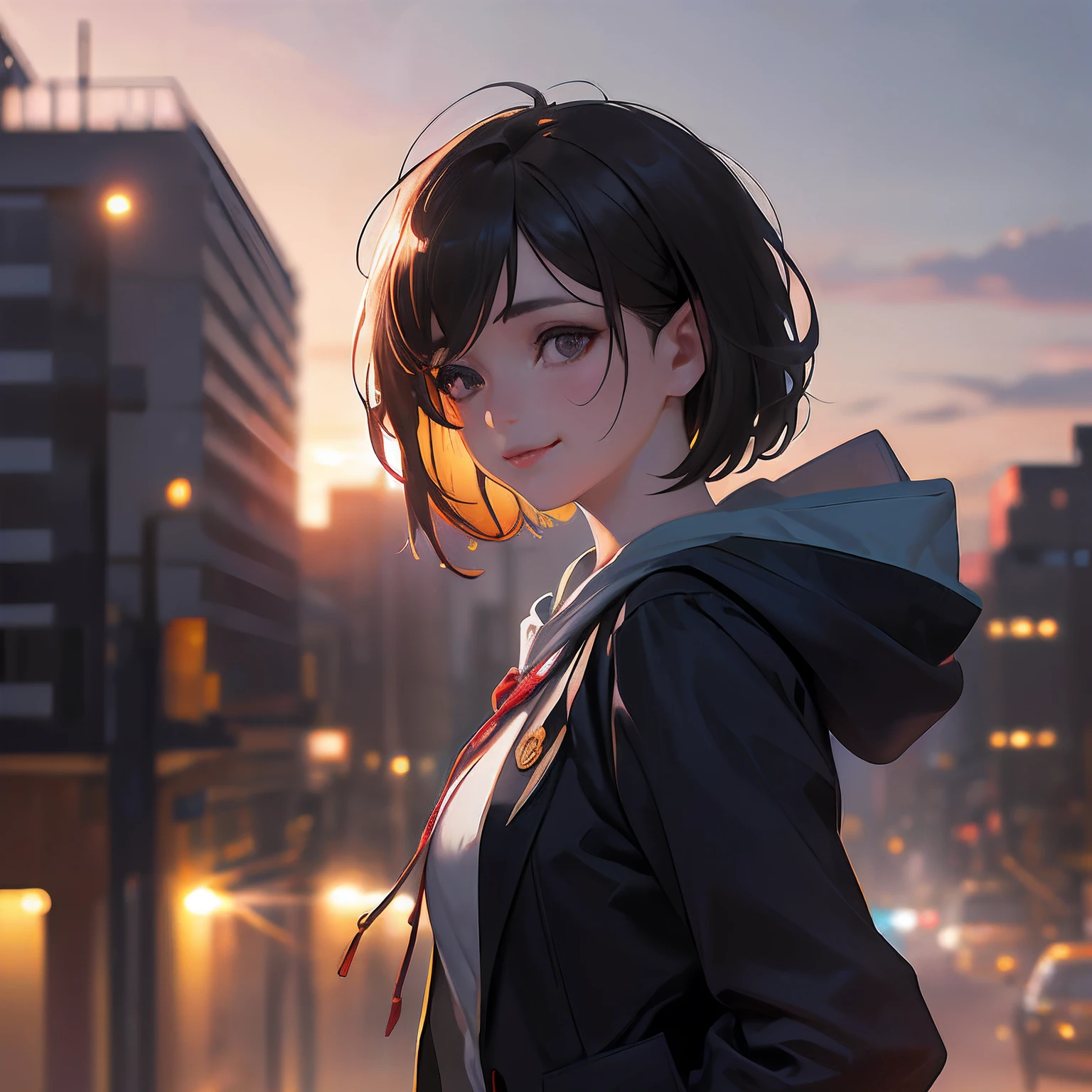 (8k RAW photo,best quality, masterpiece:1.2), (realistic,photo-realistic:1.37), omertosa, 1girl, city, professional lighting, photo mapping,radiosity, physically-based rendering, blue backlight bokeh, smile, mature, head portrait, sunlight, blone, short jacket, school uniform, hoodie, short hair, floating hair,
