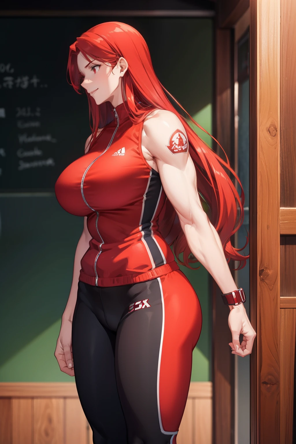 a mature tall muscular woman with big breasts long red hair and red eyes wearing sport clothes with a smile