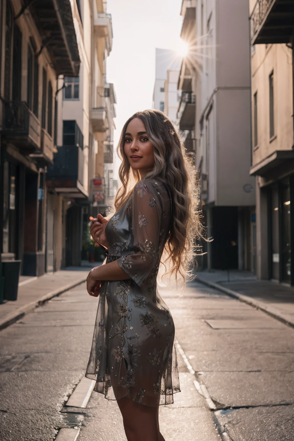 realistic, RAW photo, dslr, film grain, Fujifilm XT3, night shot, 1girl, goddess women,curly hair,  long hair, silver hair,thigh, ([:see-through:4]:1.2)  black dress, (floral print:1.2),black pantyhose,(deserted street), Backlit ,Bokeh ,Contrast Filters,(smile:0.8),from side,looking at viewer,