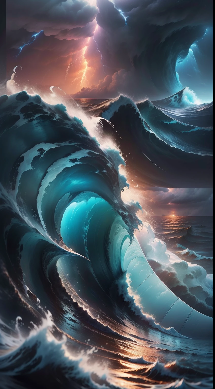 Wallpapers，（Changes in the firmament），（The storm is raging），The sea in summer，（Waves like mountains:1.5），（Raging waves:1.2）,(Huge waves:1.5)，seagulls， zori，(((Clouds， More cloud：1.3)))，tmasterpiece， cinematic ligh， softlighting， depth of fields， Ray traching， reflection in water， hentail realism， ultra - detailed，8K,Super resolution,(((Strong storms)))