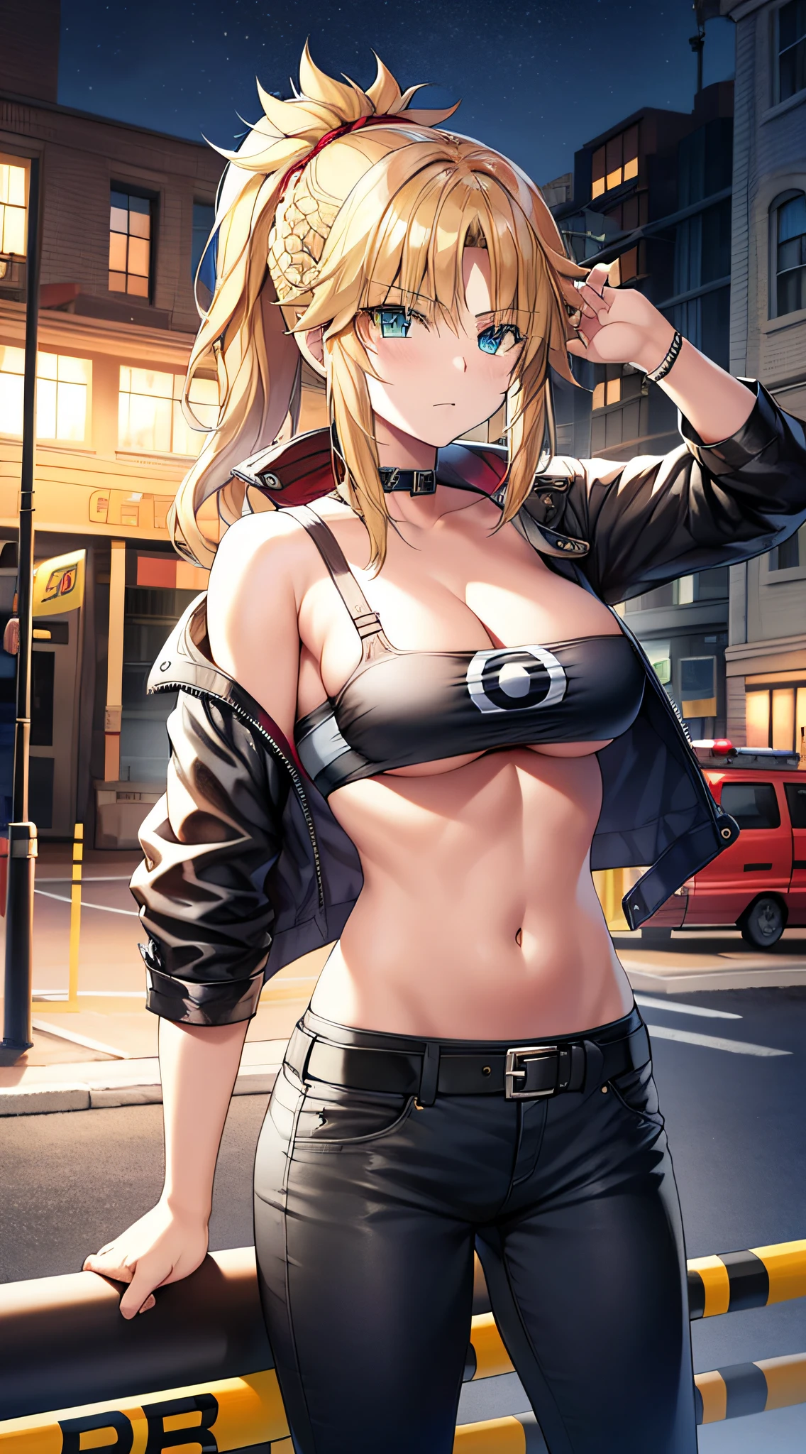 masutepiece, Best Quality, Highly detailed, Cowboy Shot, Portrait, text saying "Do not cross" 1girl in, Police Woman, Large breasts, Petite, Black jacket, (beltbra:1.2),(caution tape:1.3), deep skin, Skindentation, Destroy the city, alleyway, Red_And_Blue_A light, (police_Car:1.2), siren, syota_Scene, Night, Dark theme, ty), (Clouds), Add_detail:1, hair over eyes, Hair over one eye, Colossal tits, Tits, Hyper Maximum Size_breasts!! with the type of boobs_melons,