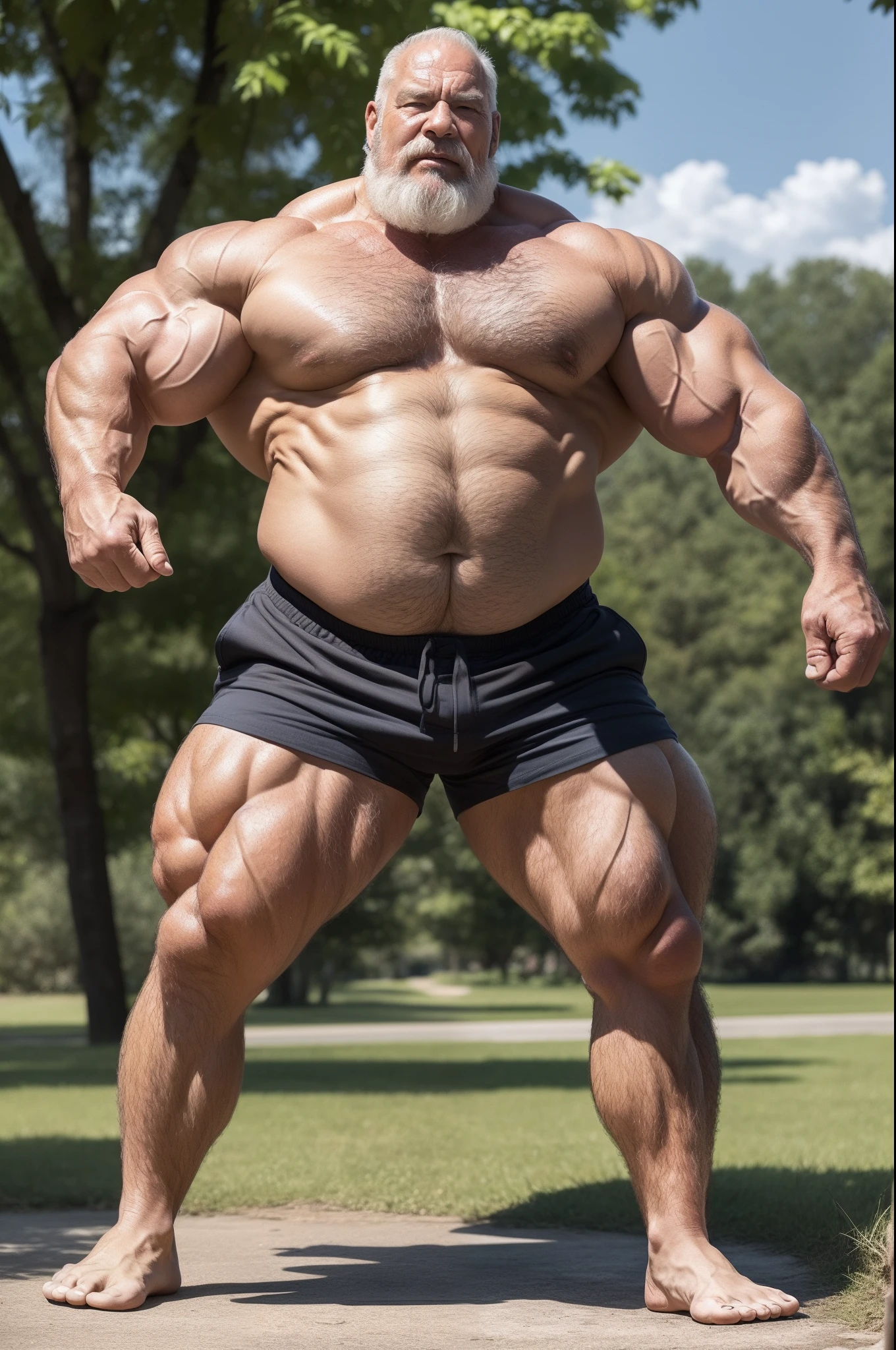 (huge muscular old man), (massive muscle) there is a man that is standing in park (wearing shorts), he is about 8 0 years old, 70 years old, 7 0 years old, huge muscular old man, bearded, thick feet, thick foot