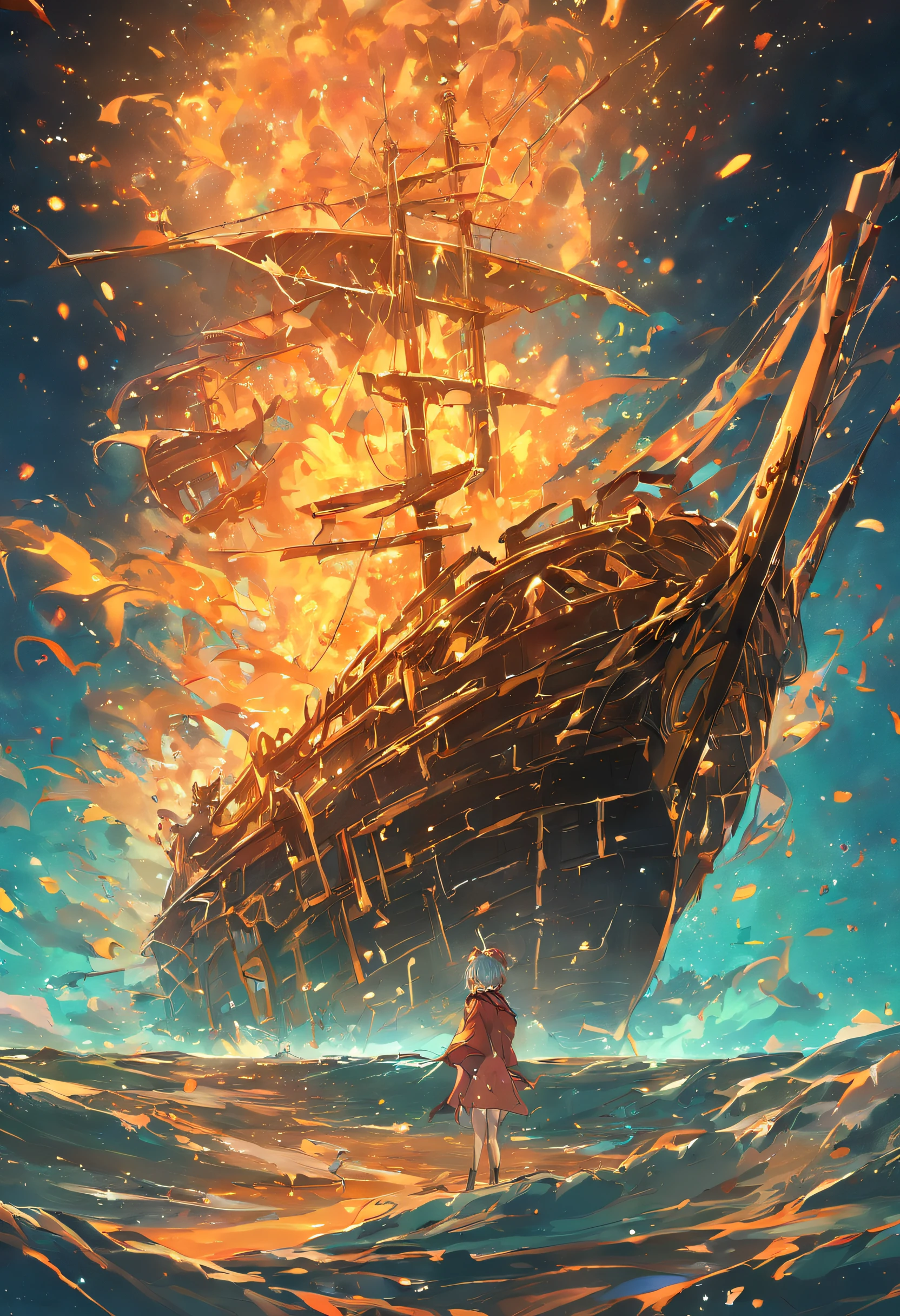 extremely detailed 8k wallpaper,(highly detailed:1.1), ((masterpiece:1.1)),[anime:Impasto:0.5], intricate , fantasy,(1ship),(ocean:1.2),[golden boat:golden boat with (green fire:1.2):0.1], clear sky ,wind ,beautiful sky,(nightsky),(galaxy), (huge blood moon in the background:1.05)