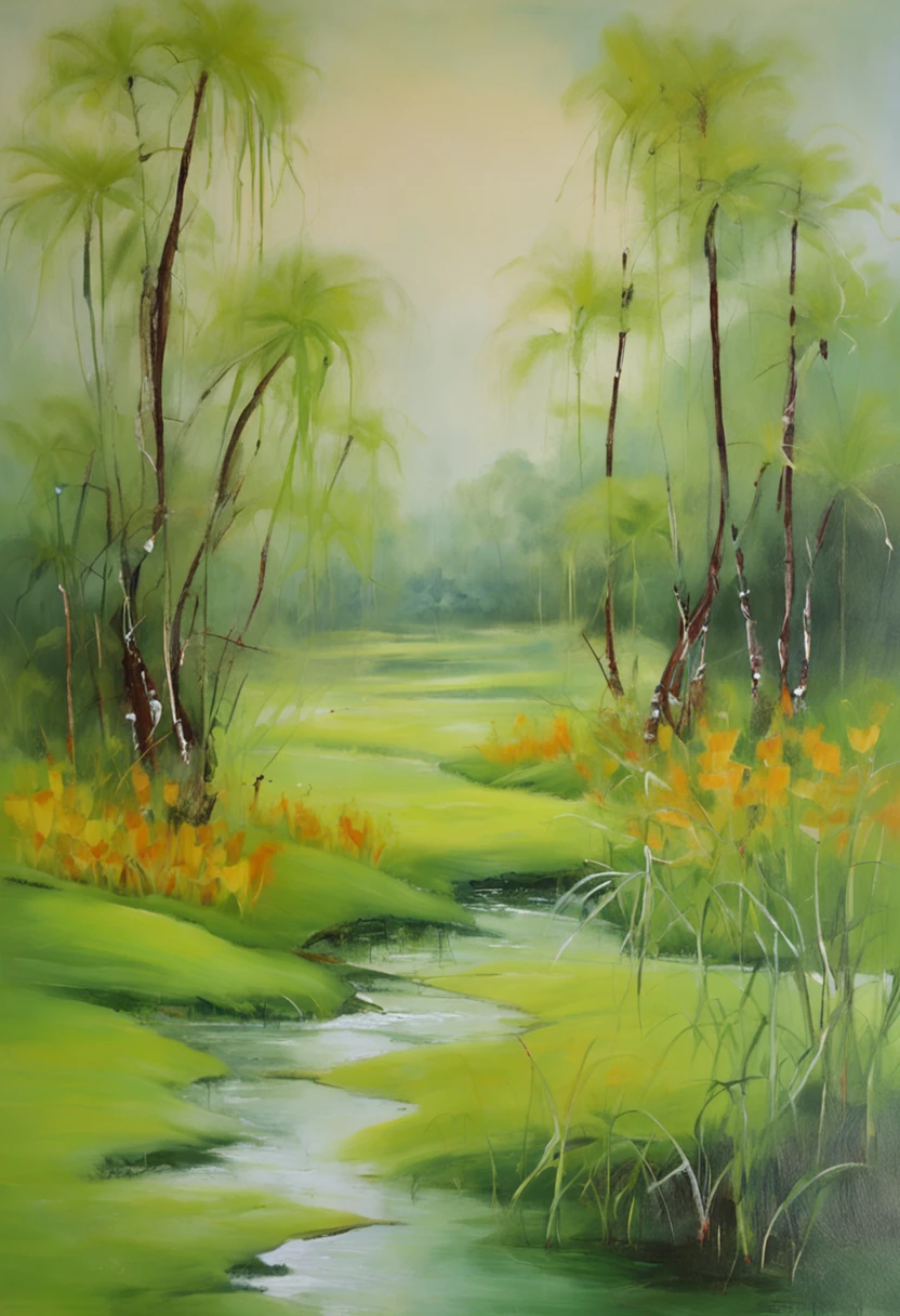 Green lawn park,Bulbophyllum pale dew as frost,Jiang Lan is on the shore The mountains and rivers have fallen,Photorealistic,Best quality, Works of masters