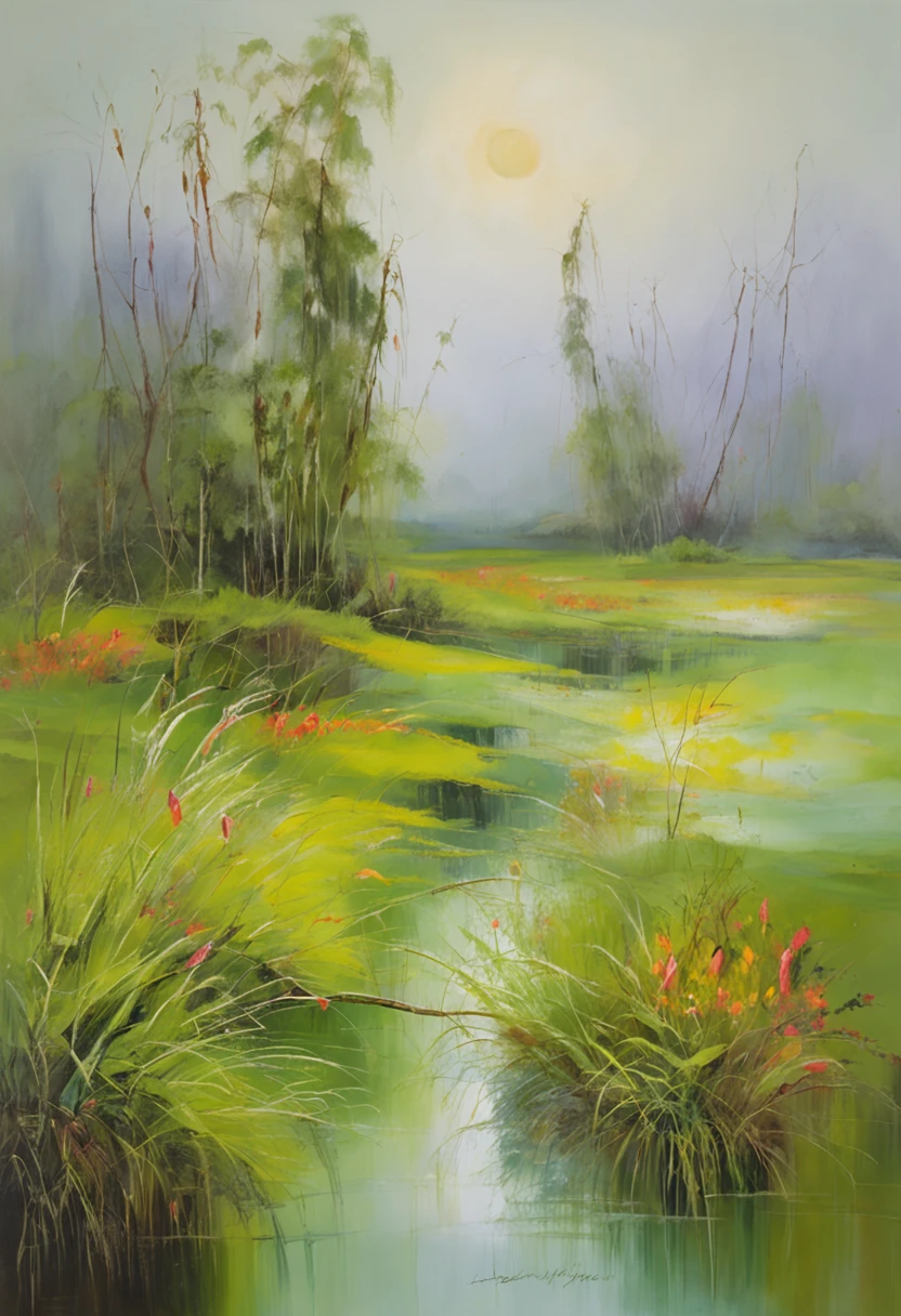 Green lawn park,Bulbophyllum pale dew as frost,Jiang Lan is on the shore The mountains and rivers have fallen,Photorealistic,Best quality, Works of masters