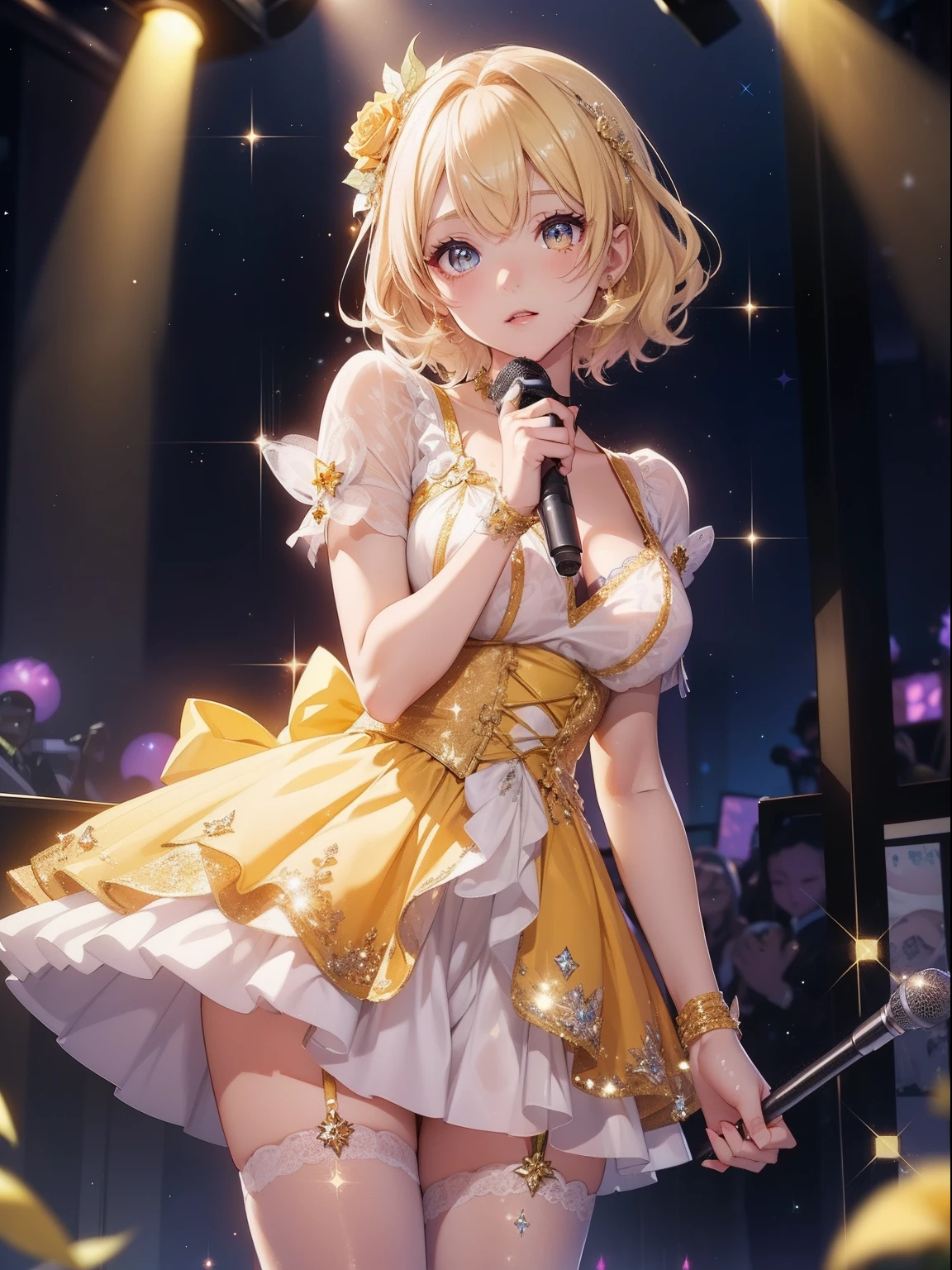 masutepiece, High resolution, 8K, anime woman, Delicate and detailed writing 、Detailed digital illustration、short hair、perm、Shiny hair、Bangs、a very beautiful woman、Eyes are double, Large, Bust is D cup、High image quality, High quality、Detailed background、(((Wearing idol clothes)))、((Glittering live stage backdrop))、The inside of the eye shines like a diamond、Light yellow hair、Gradient pupil、(((2 arms、4 fingers, 1 thumb)))、Detailed female face、Very beautiful and cute woman、、细致背景、​masterpiece、Soft Focus , Bright gradient watercolor , Lens Flare , (((Glitter))) , Glow , Dreamy , (((Holding a glitter microphone in your hand)))、a miniskirt、Nothing at hand、Idol、Yellow ribbon、Very beautiful yellow rose hair accessories、Yellow and white costume