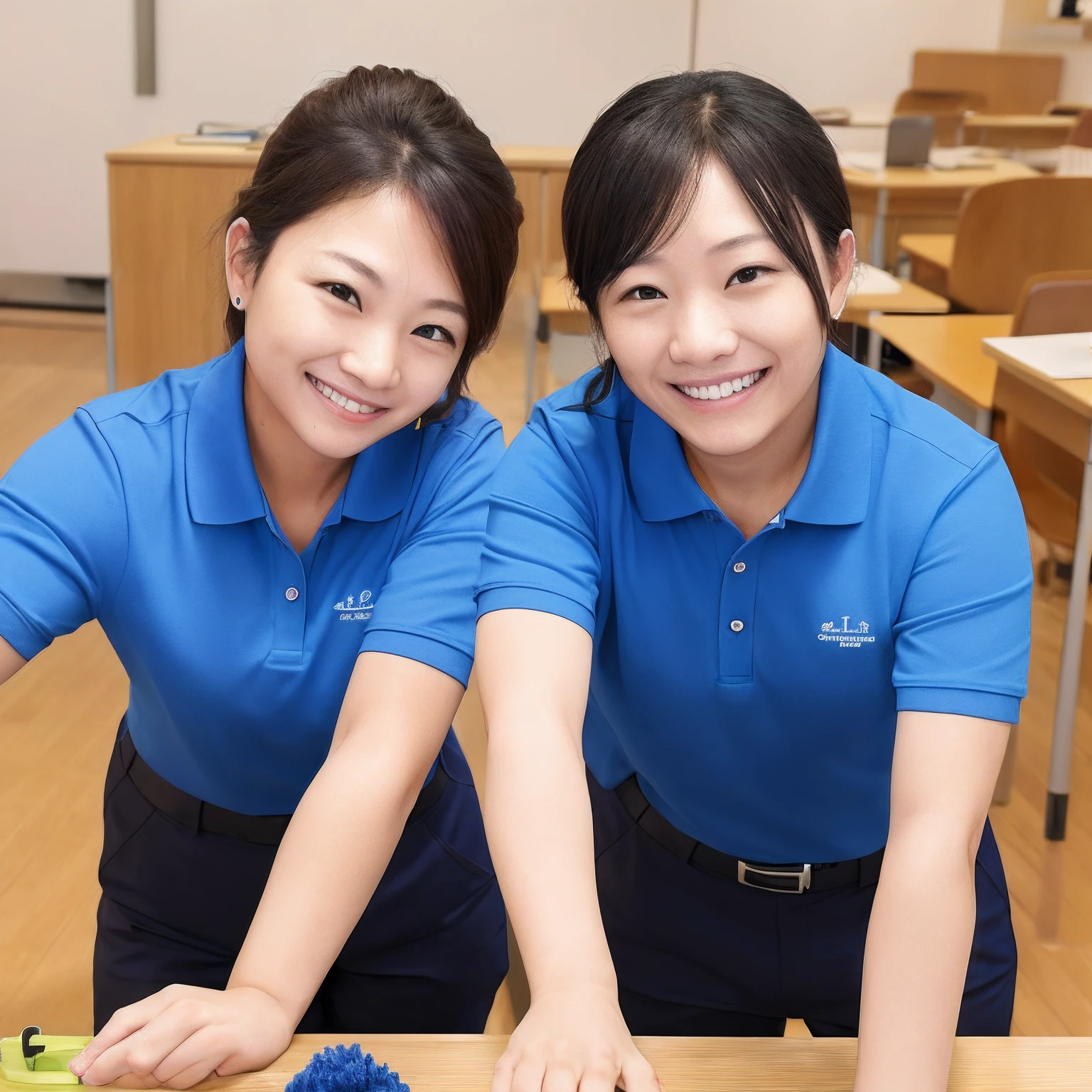 Cleaning workers、People wearing blue polo shirts、Where I am teaching、Working with a smile。