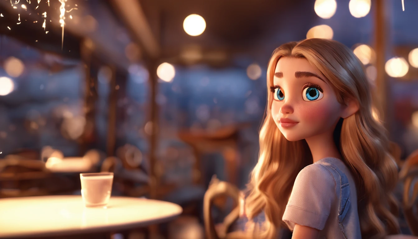 cinematic quality,Disney Animation Style,Cute girl with long golden hair in white dress。Restaurant at night。Detailed hair,high-heels,depth of fields,Highlight,Real Light,Ray traching,OC rendering,Ultra photo realsisim,best qualtiy,in 8K,Master the technology,Detailed anatomy of the human body,sharp focus on eyes,Detailed depiction of facial features,bokeh effects,longshot