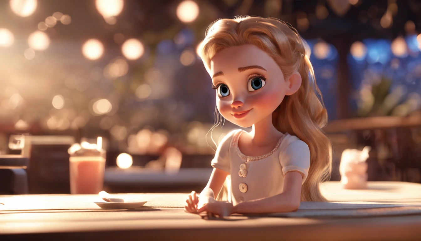cinematic quality,Disney Animation Style,Cute girl with long golden hair in white dress。Restaurant at night。Detailed hair,high-heels,depth of fields,Highlight,Real Light,Ray traching,OC rendering,Ultra photo realsisim,best qualtiy,in 8K,Master the technology,Detailed anatomy of the human body,sharp focus on eyes,Detailed depiction of facial features,bokeh effects,longshot