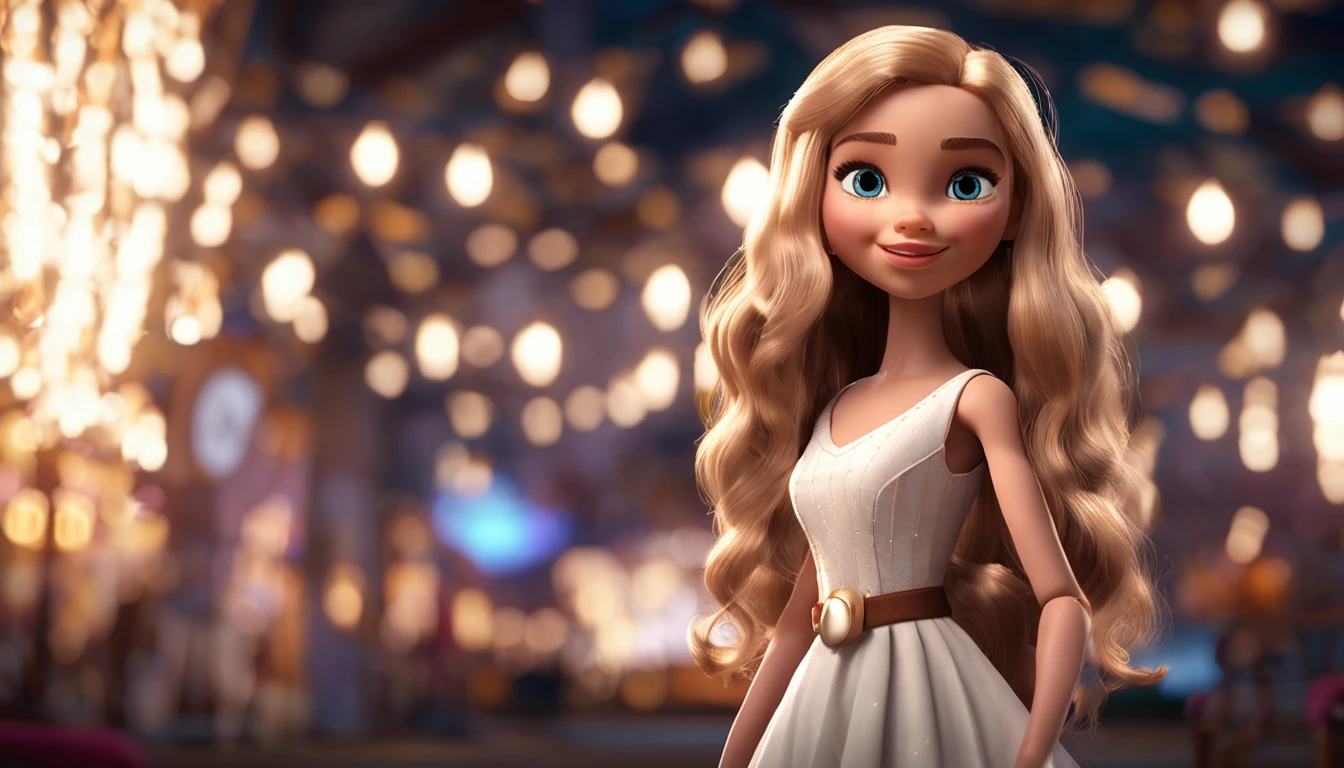 cinematic quality,Disney Animation Style,Cute girl with long golden hair in white dress。Restaurant at night。Detailed hair,high-heels,depth of fields,Highlight,Real Light,Ray traching,OC rendering,Ultra photo realsisim,best qualtiy,in 8K,Master the technology,Detailed anatomy of the human body,sharp focus on eyes,Detailed depiction of facial features,bokeh effects,longshot