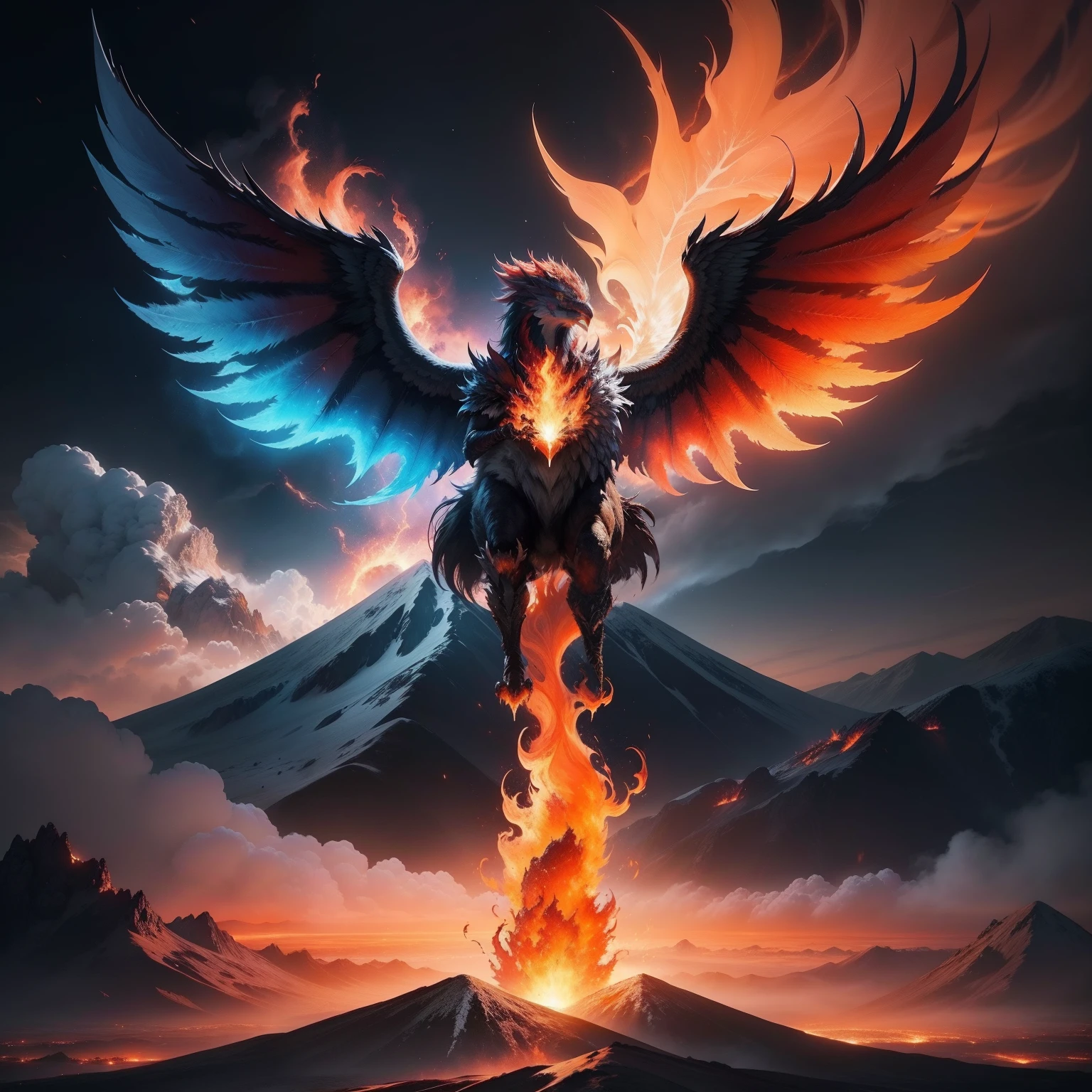 "Fire phoenix versus realistic ice phoenix, imagem incrivelmente detalhada, 4k, detalhes de fogo e gelo na imagem, scenery divided between a volcano and a blizzard."