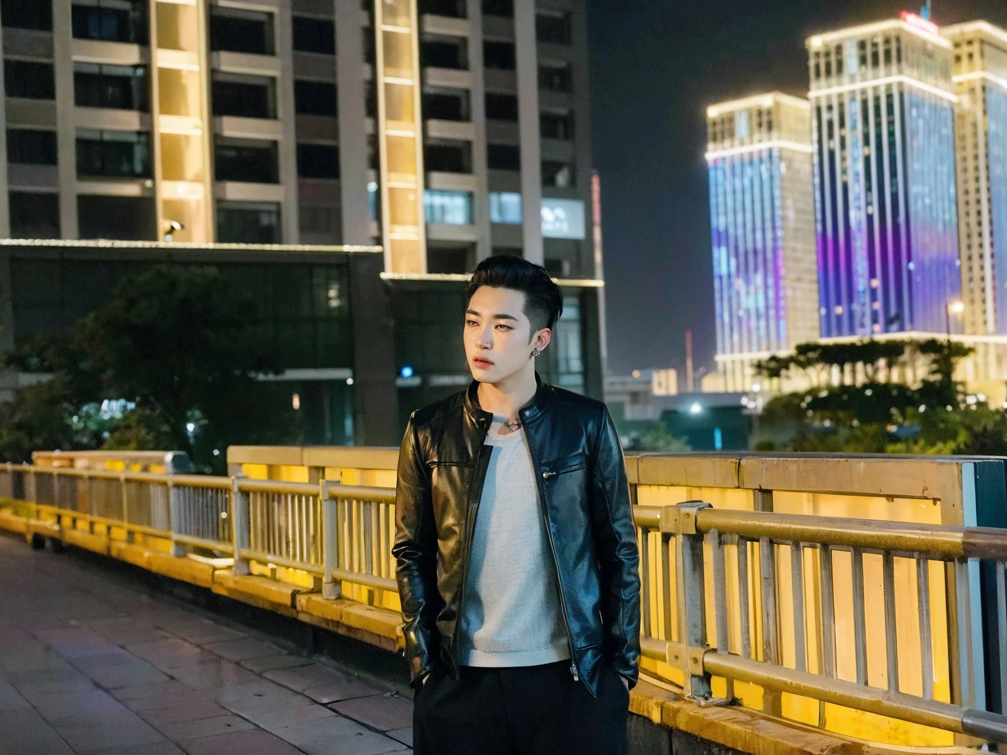 (8k photo, best quality, masterpiece),(realistic, photo-realistic:1.37) young ,handsome man, Mark Tuan, Got7, white skin, detail face, grey bright eye, white hair, black suit, bad boy, yakuza, tattoo, smoke cigarrate, a lots gangster night town in backdrop, action pose, skull earring, necklage, realistic faces, luxurious, detailed, best quality, more details,