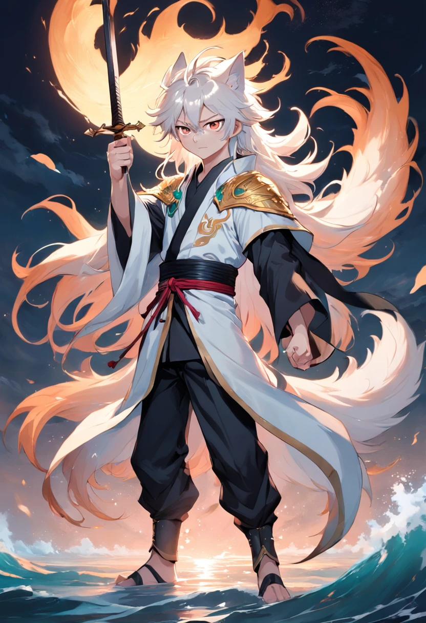 Calm sea level，The boy with long white hair stood in front，Lovely Moyang，with hair dishevelled，White cape，A long black sword surrounded the boy，A nine-tailed fox was behind the boy，Bronzed animal eyes，The nine-tailed fox is pink and white，Half a golden elf wing on the boy's back，The boy has half a green neon crown on his head，The boy holds a vine in his hand，The expression is haughty。