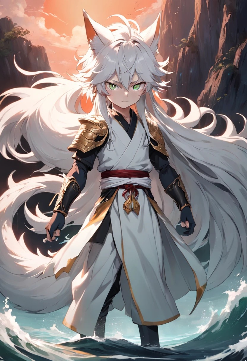 Calm sea level，The boy with long white hair stood in front，Lovely Moyang，with hair dishevelled，White cape，A long black sword surrounded the boy，A nine-tailed fox was behind the boy，Bronzed animal eyes，The nine-tailed fox is pink and white，Half a golden elf wing on the boy's back，The boy has half a green neon crown on his head，The boy holds a vine in his hand，The expression is haughty。