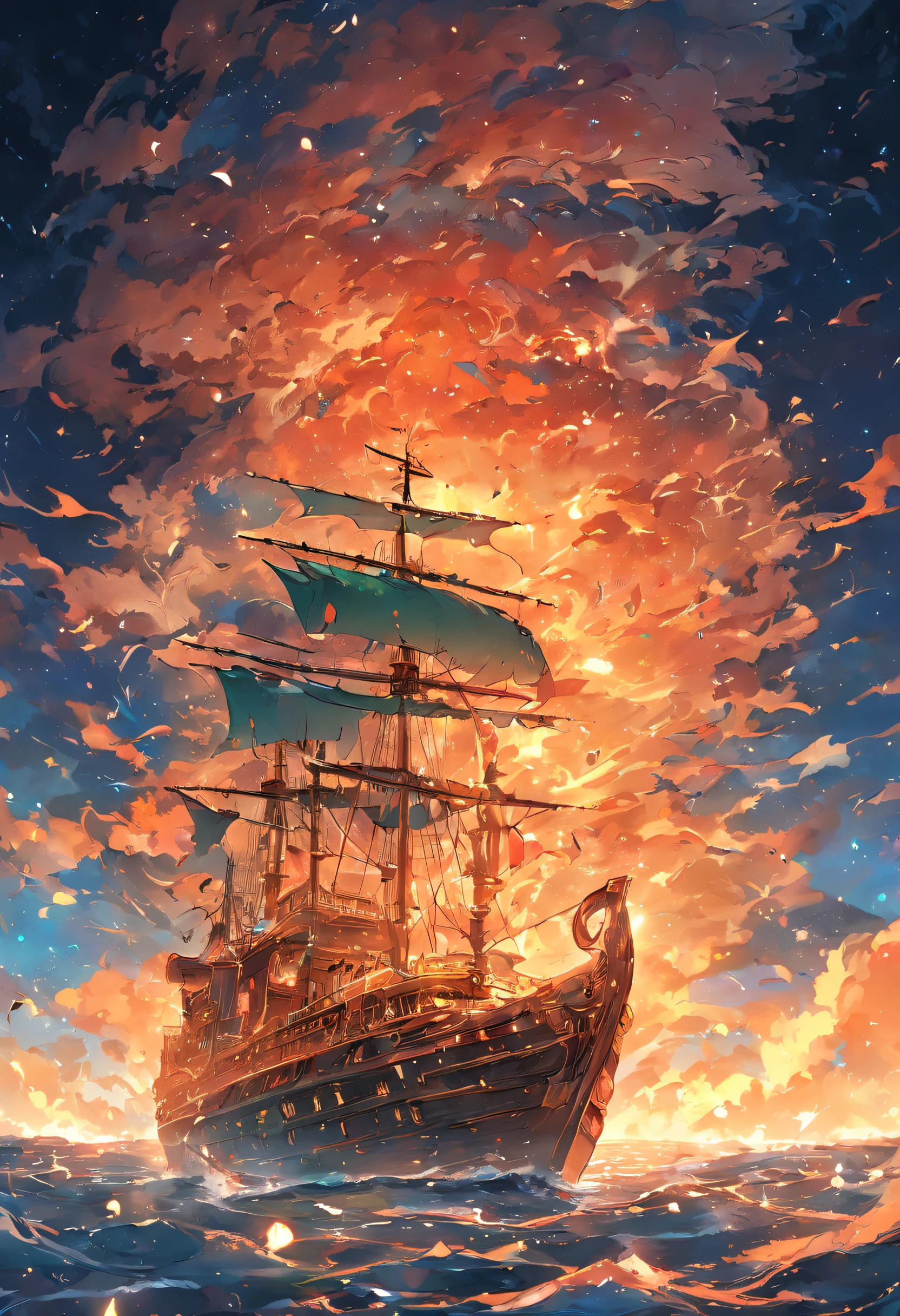 extremely detailed 8k wallpaper,(highly detailed:1.1), ((masterpiece:1.1)),[anime:Impasto:0.5], intricate , fantasy,(1ship),(ocean:1.2),[golden boat:golden boat with (green fire:1.2):0.1], clear sky ,wind ,beautiful sky,(nightsky),(galaxy), (huge blood moon in the background:1.05)
