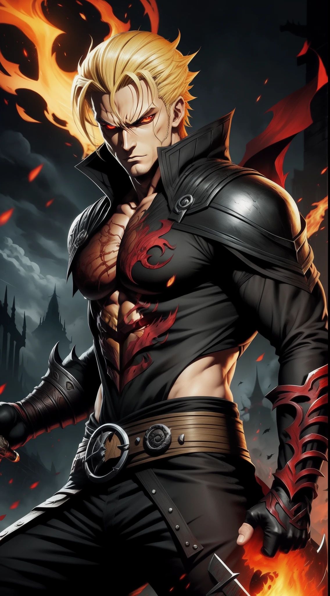 Zoro handsome face blond hair, black fire reflective body, red eyes, solo, alduin, darksiders style, darksiders art style, crazy guts, red sharp eyes, black ancalagon.