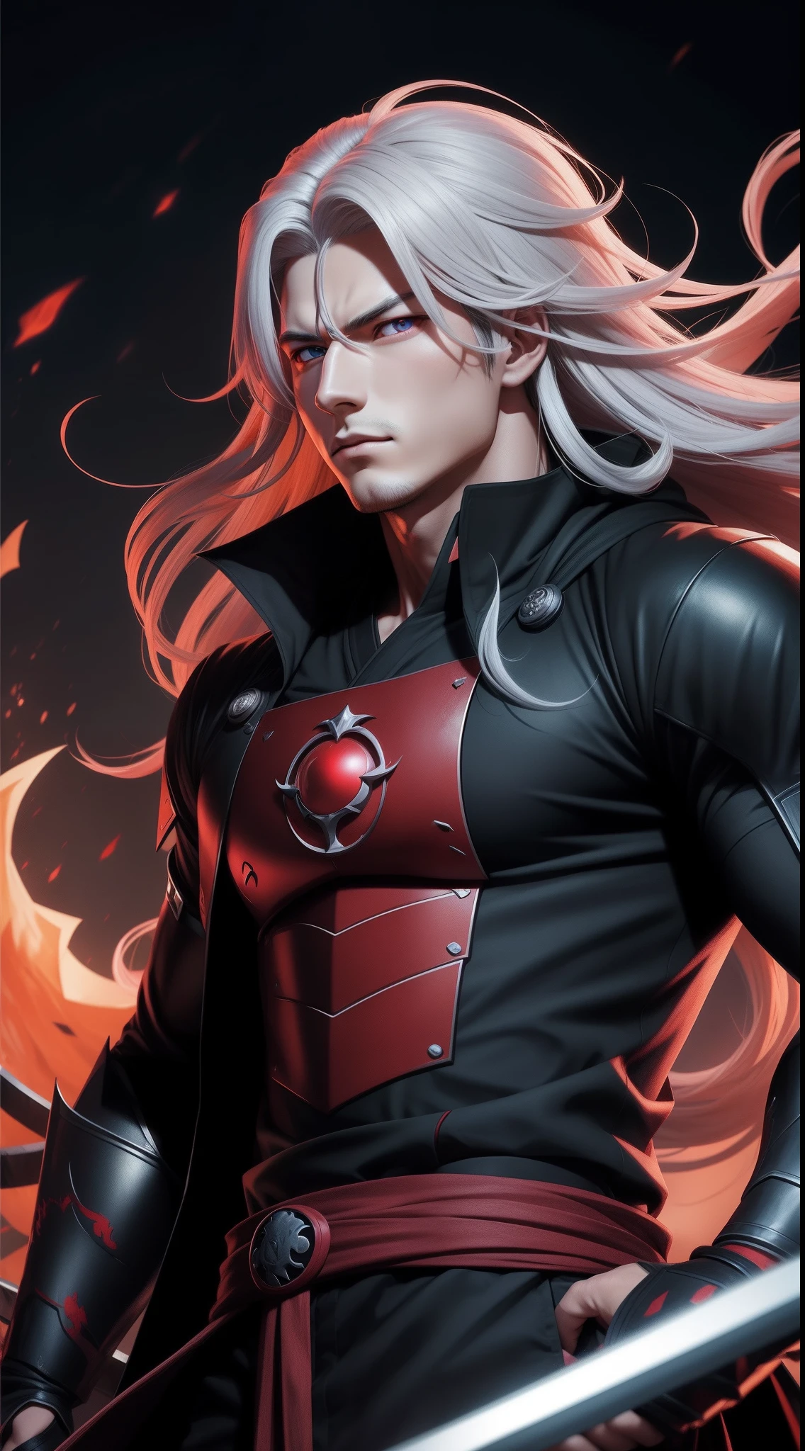 Create an illustration of a male Elf with vibrant red skin, ranging from a beautiful crimson to a deep scarlet hue, with hints of dark or black undertones. The skin should exhibit rich shades of red that evoke both strength and intensity, emphasizing his masculine features. The character's expression should reflect his unique personality, capturing the essence of his red-toned complexion and rugged demeanor.

Complementing his striking appearance, his hair is styled in a short, military-inspired cut, exuding a sense of authority and resilience. The hair is a pristine shade of white, reminiscent of freshly fallen snow. The contrast between his vibrant red skin and the snowy white hair adds to his magnetic presence.

The artwork should be detailed, showcasing the interplay of light and shadow on the skin and hair to convey depth and strength. This portrayal will enhance the captivating allure of the character's stunning, red-infused appearance while emphasizing his masculine and authoritative presence