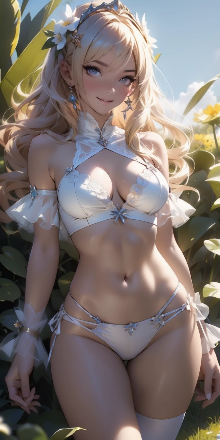 Maximum resolution 4k, (8k), Hermosa mujer, princesa de las flores, Reina de las flores, cheerful expression, Hermosos ojos, hermosa figura, exotic body, cuerpo perfecto, senos muy grandes, caderas anchas, oversized buttocks , Micro lingerie , mariposas en el aire, Dream Field Fund, luz de primavera, natural lighting