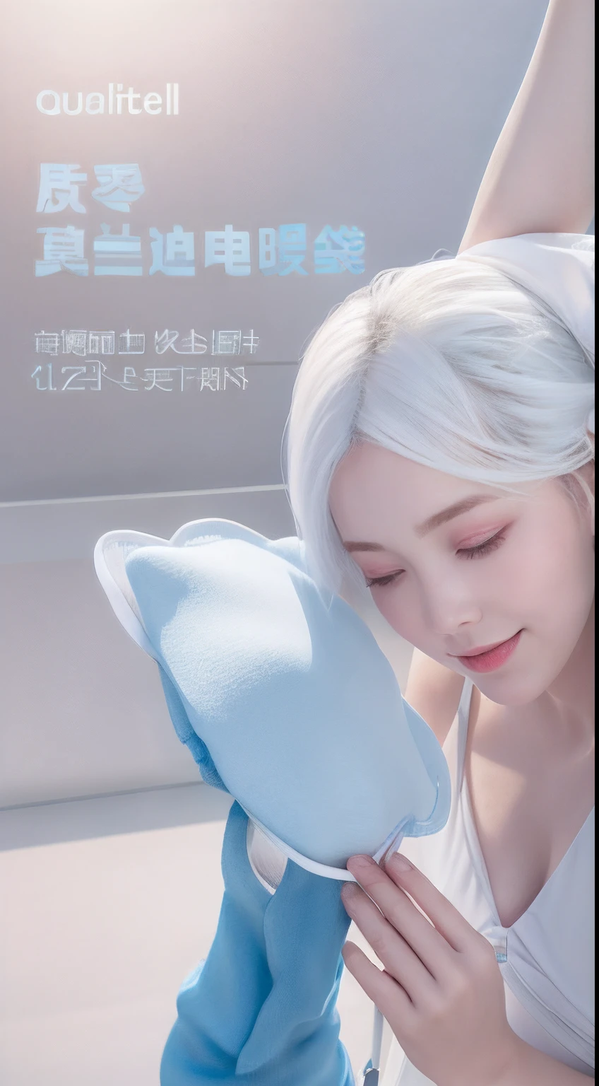 There was a woman holding a blue bag with a white lid, Product photo, soft - warm, Wang Chen, soothing, product - view, Official product image, zun, Cold, komono, beautiful smooth oval head, pale milky white porcelain skin, product introduction photos, qiangshu,Hyper-realistic rendering,Divine sense top light,Cinematic lighting effects,Vray rendering,The morning light shines on the woman
