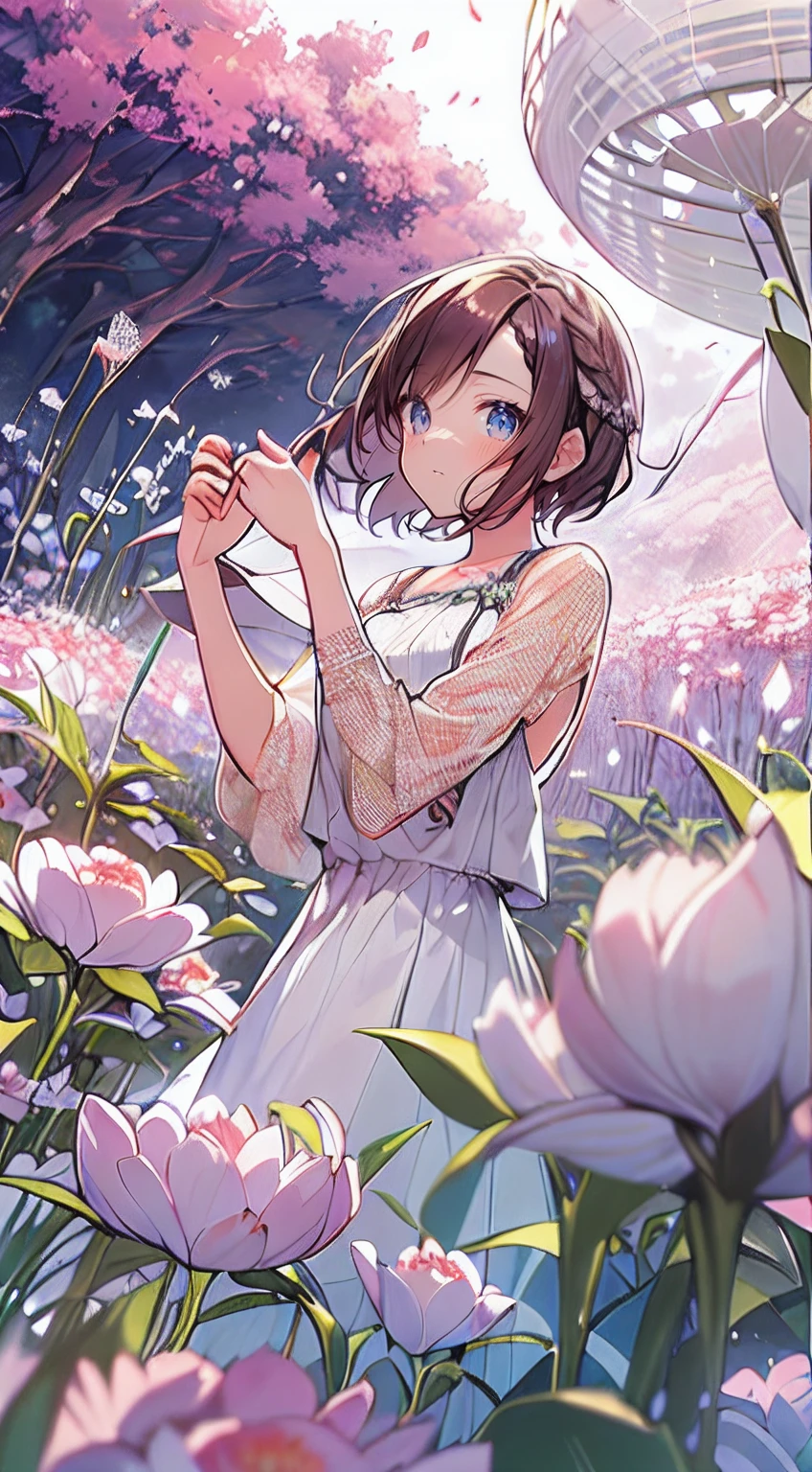 masutepiece, Best Quality,Illustration, Wallpaper, Ultra Detail, Absurd beauty、1 beautiful girl、 (Medium Short-Cut Hair、short braided hair), Beautiful ultra-detailed eyes , Hair fluttering in the wind、Keep your head small、flower field、great outdoors、Landscape of the flower garden