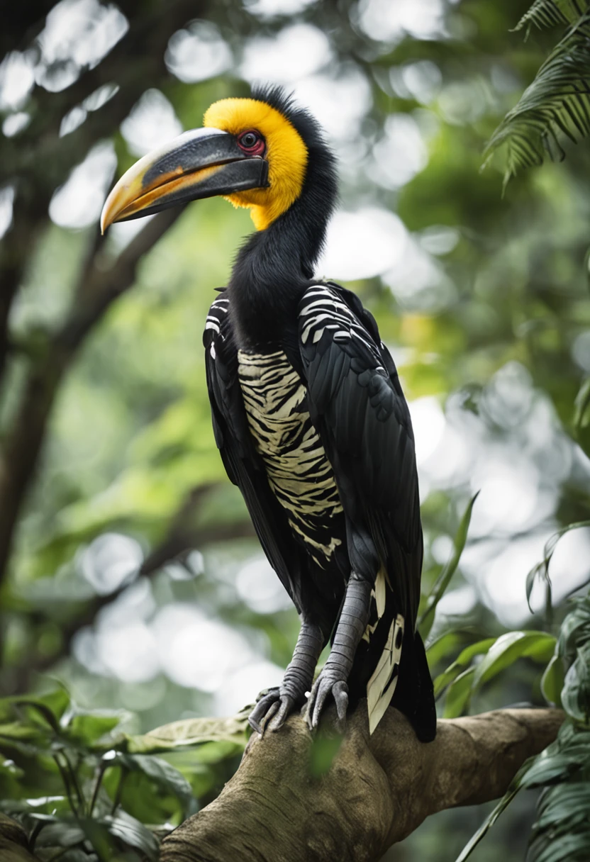 High nation-geographic symmetrical close-up portrait shoot in green jungle of an expressive GREAT HORNBILL , anamorphic lens, ultra-realistic, hyper-detailed, green-core, jungle-core –ar 16:9 –q 2 –v 5