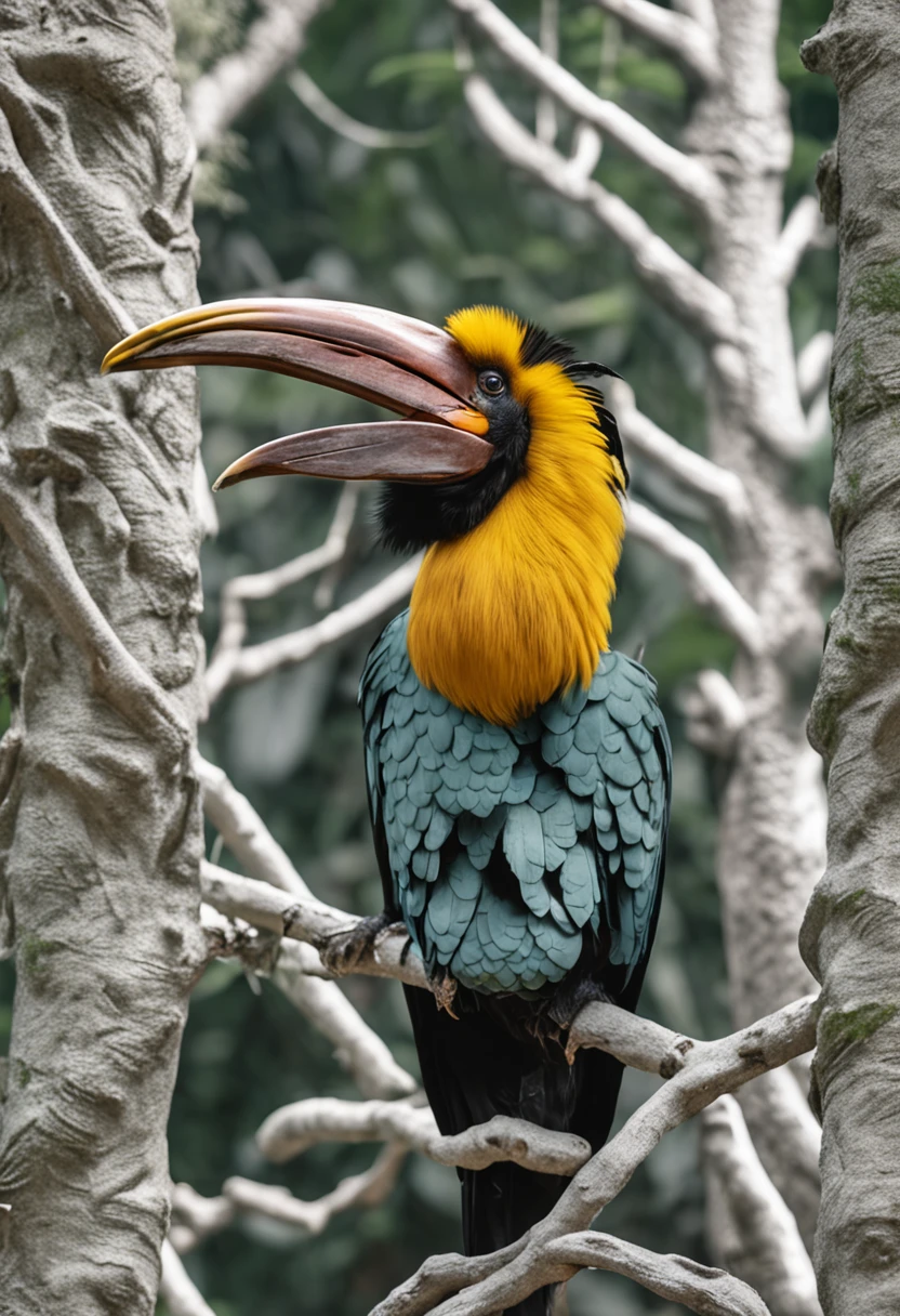 High nation-geographic symmetrical close-up portrait shoot in green jungle of an expressive GREAT HORNBILL , anamorphic lens, ultra-realistic, hyper-detailed, green-core, jungle-core –ar 16:9 –q 2 –v 5